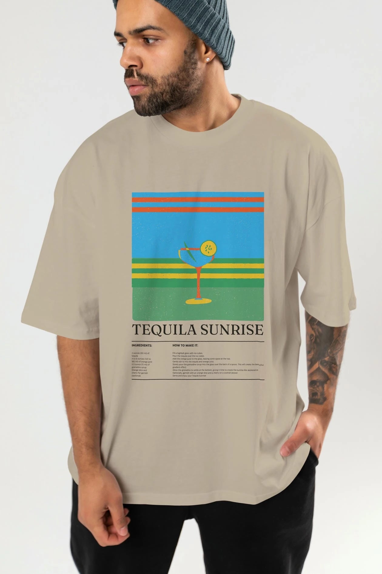 Tequila Sunrise Kokteyl Ön Baskılı Oversize t-shirt Erkek Kadın %100 Pamuk Bisiklet Yaka tişort
