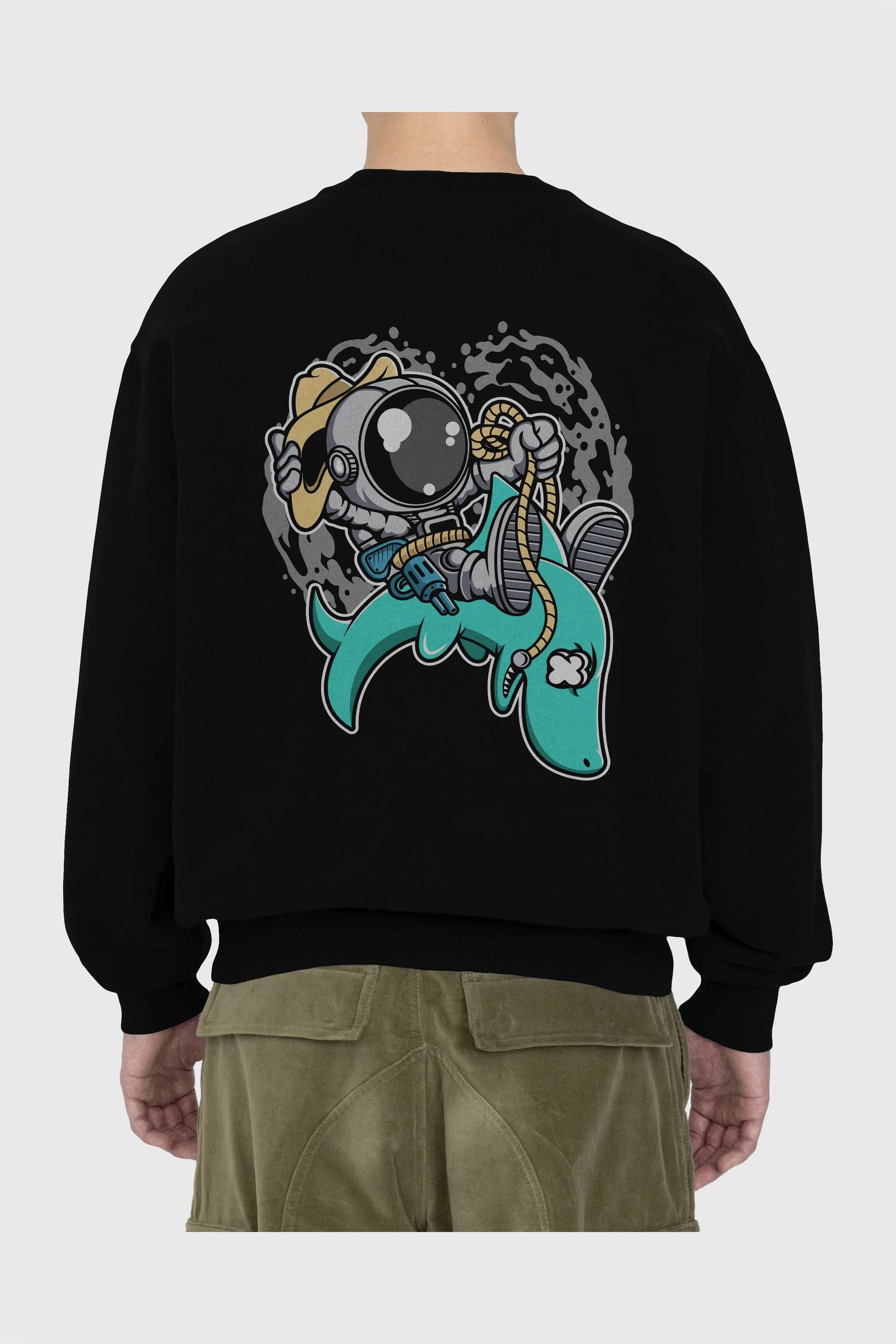 Astronaut Riding Shark Arka Baskılı Oversize Sweatshirt Erkek Kadın Unisex