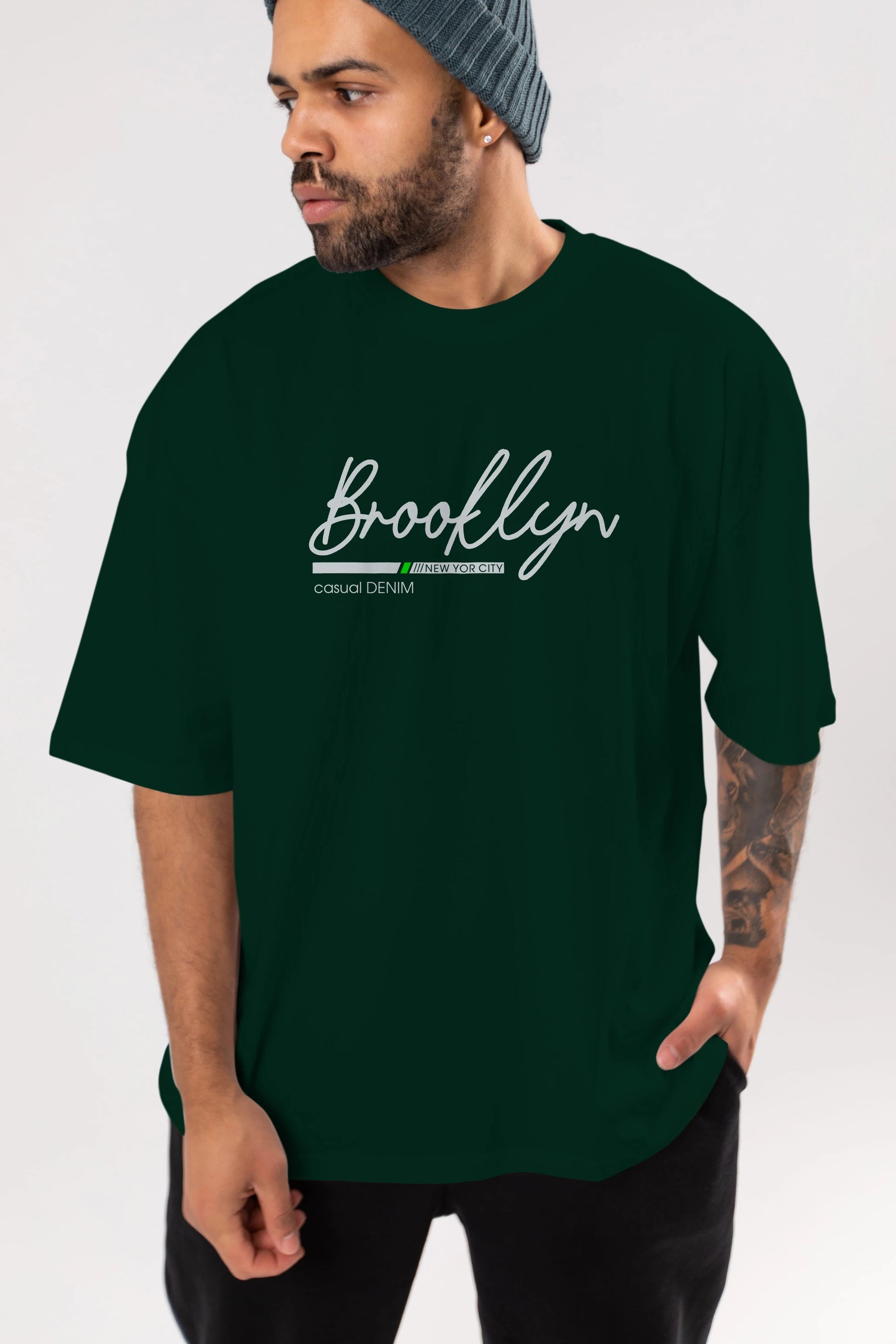 Brooklyn Denim Ön Baskılı Oversize t-shirt Erkek Kadın Unisex