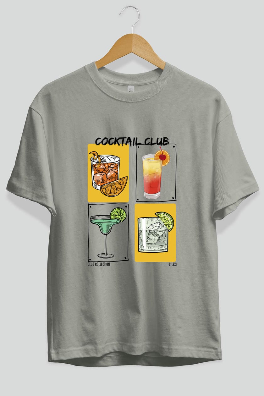 Cocktail Club ön Baskılı Oversize t-shirt Erkek Kadın %100 Pamuk Bisiklet Yaka tişort