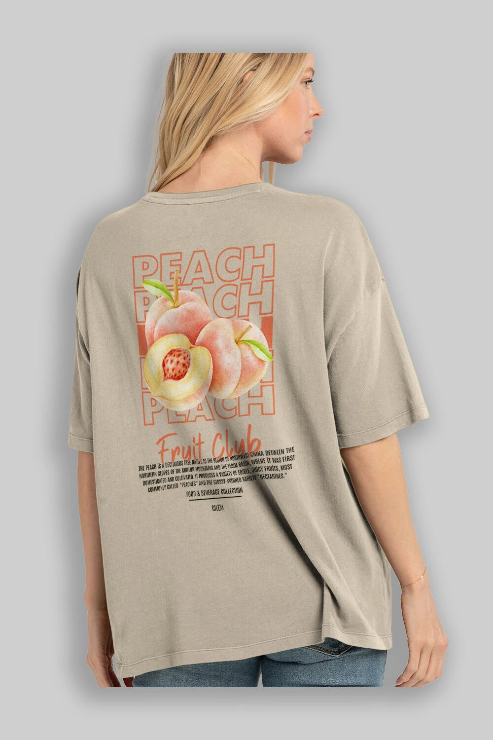 Peach Arka Baskılı Oversize t-shirt Erkek Kadın Pamuk Bisiklet Yaka tişort