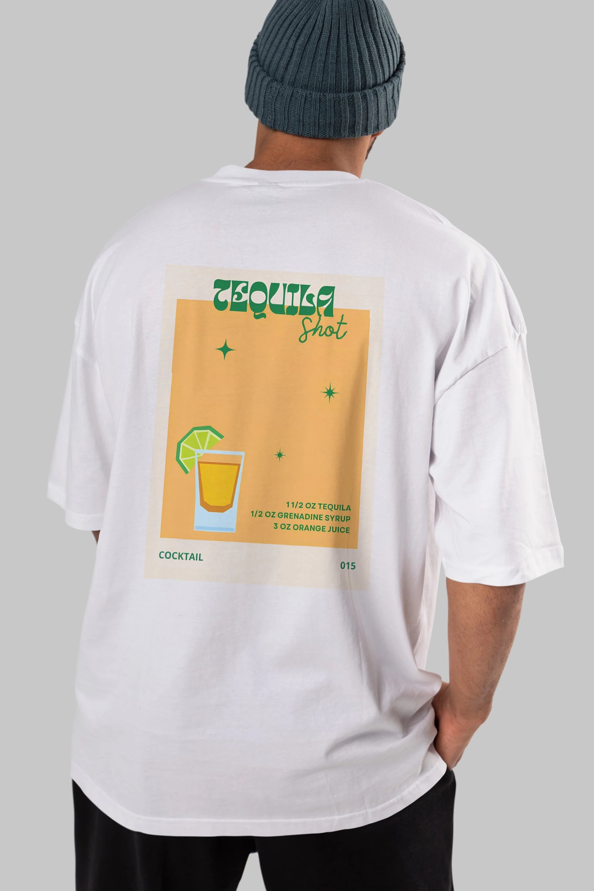 Tequila Shot 2 Arka Baskılı Oversize t-shirt Erkek Kadın Unisex %100 Pamuk Bisiklet Yaka tişort