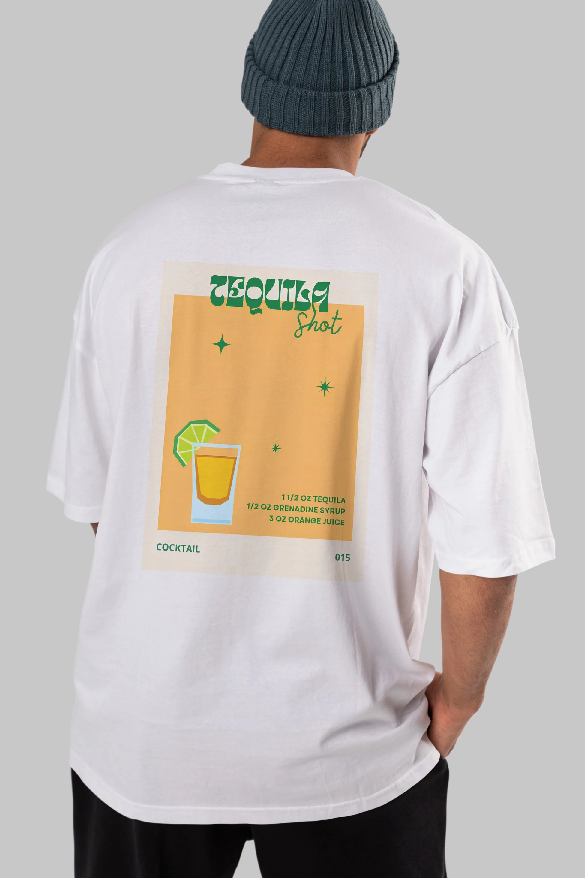 Tequila Shot 2 Arka Baskılı Oversize t-shirt Erkek Kadın Unisex %100 Pamuk Bisiklet Yaka tişort