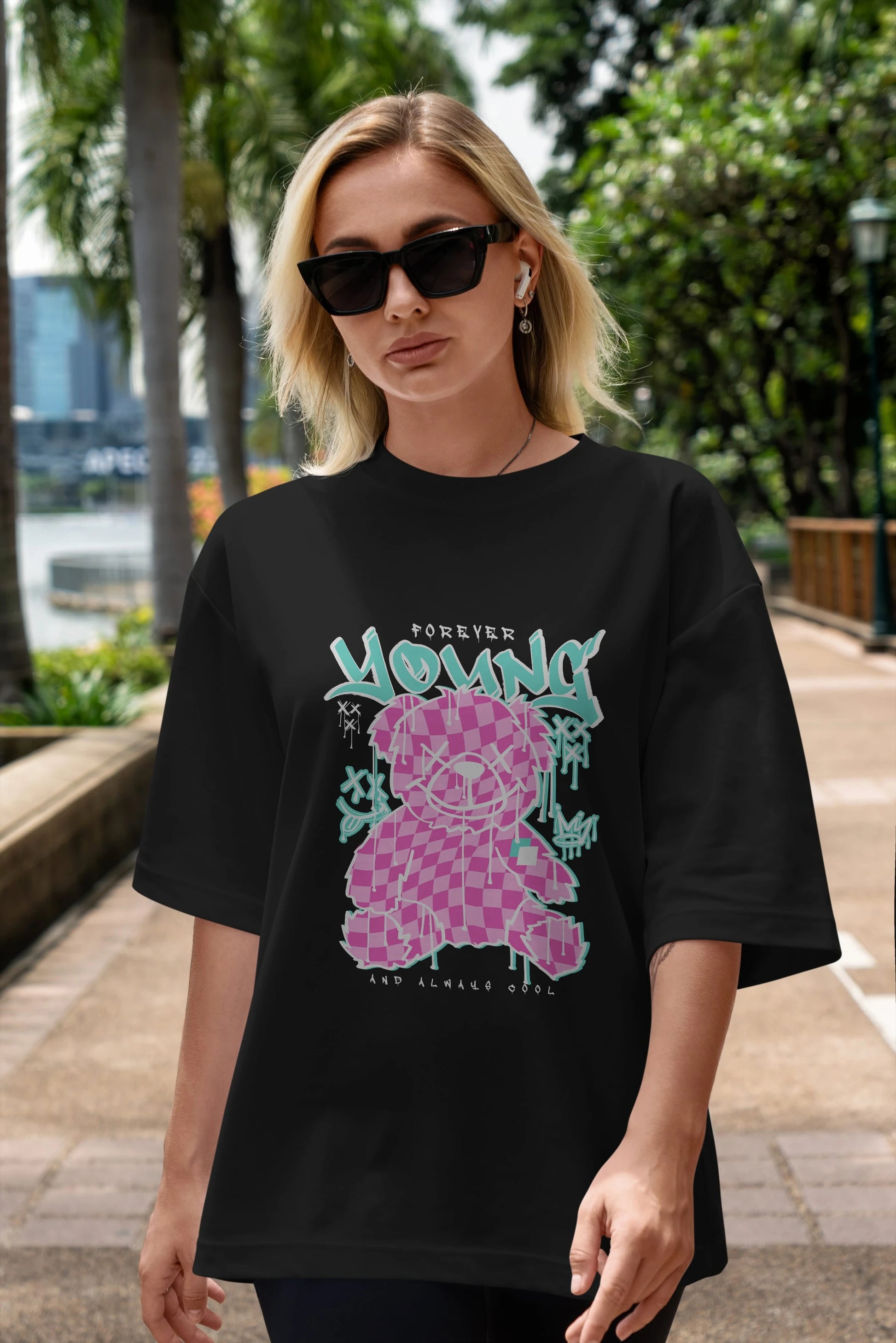 Young and Always Cool Bear Ön Baskılı Oversize t-shirt Erkek Kadın Unisex