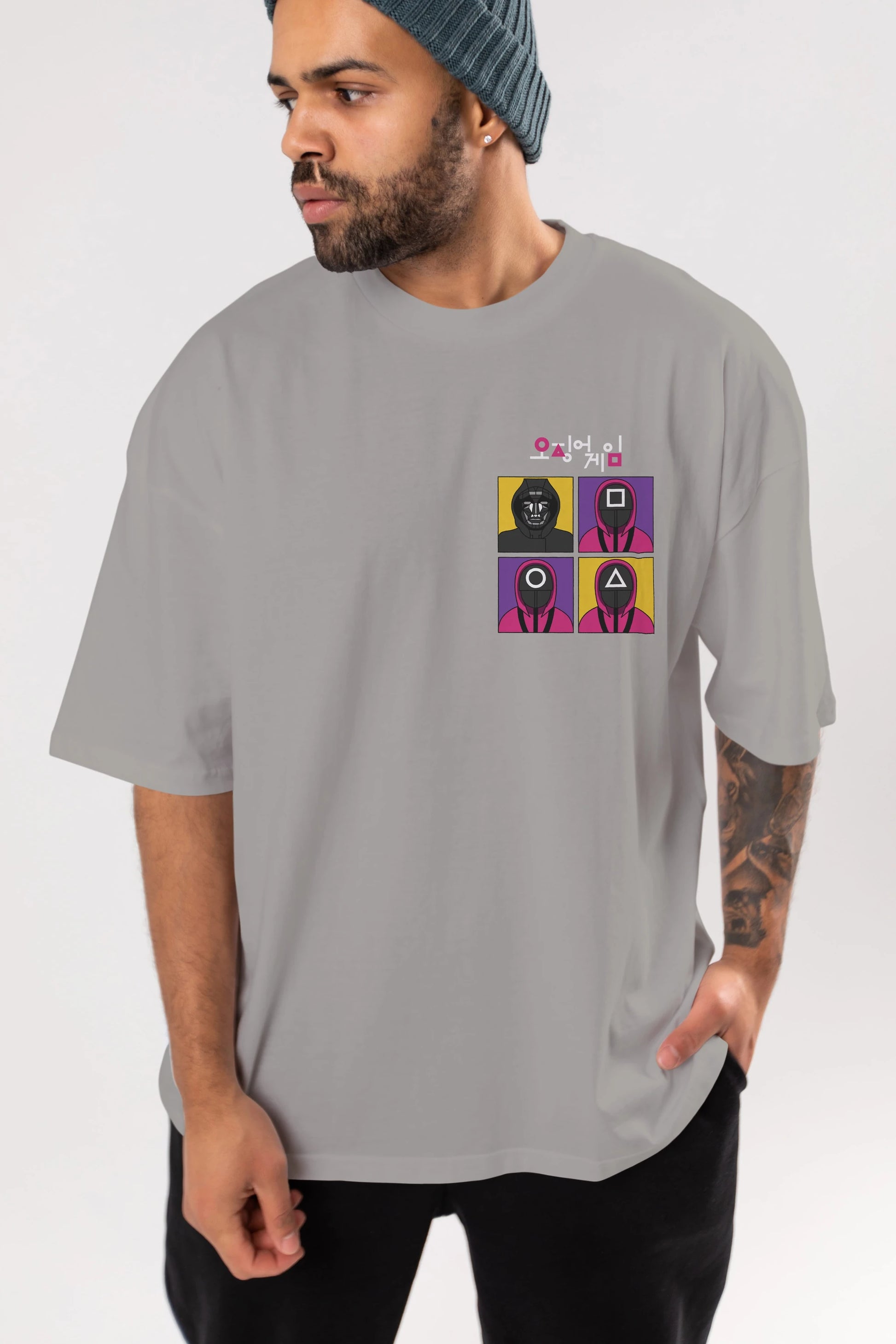 Squid Game (1) Ön Sol Baskılı Oversize t-shirt Erkek Kadın Unisex %100 Pamuk Bisiklet Yaka tişort
