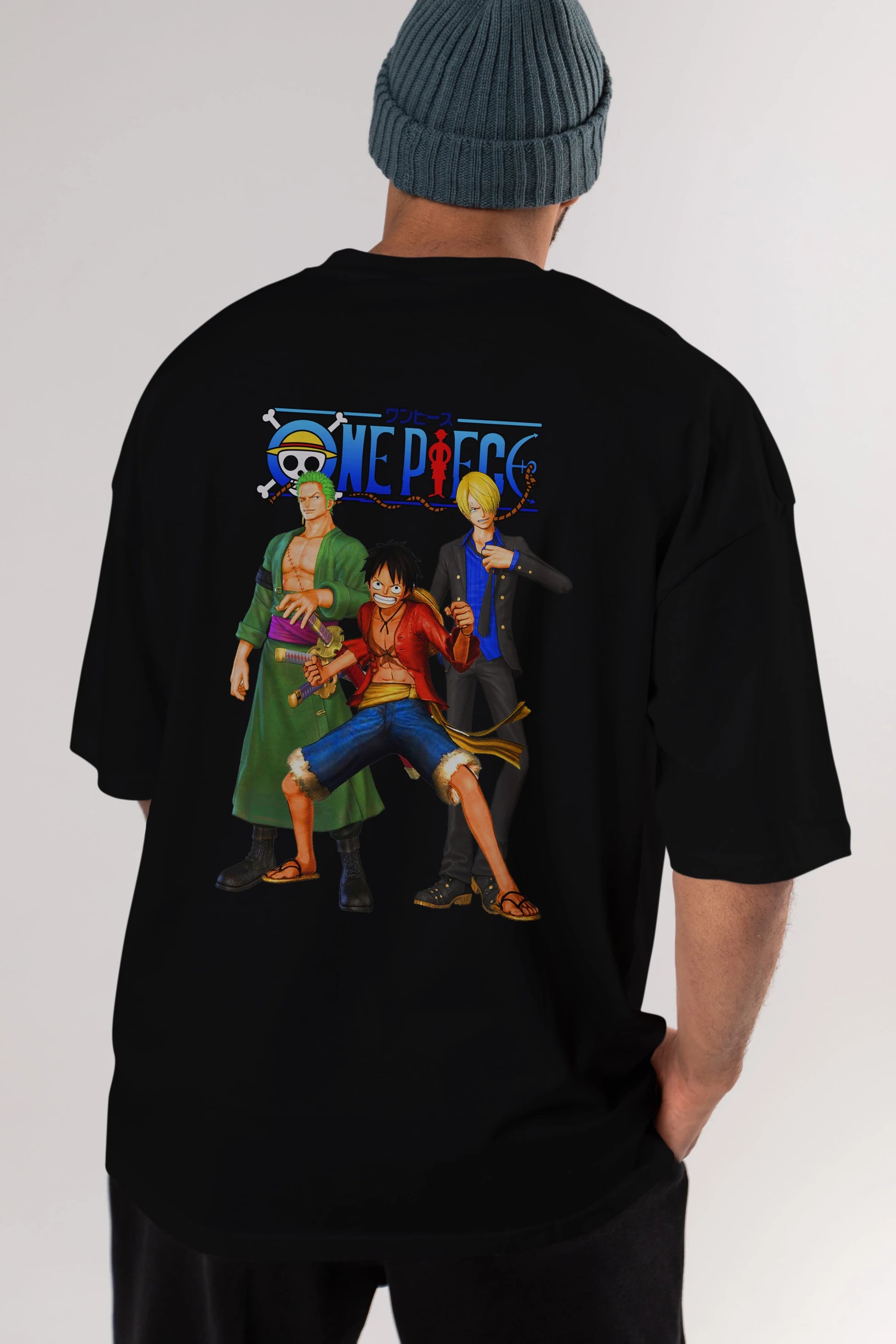 Luffy Sanji Zoro Anime Arka Baskılı Oversize t-shirt Erkek Kadın Unisex %100 pamuk tişort