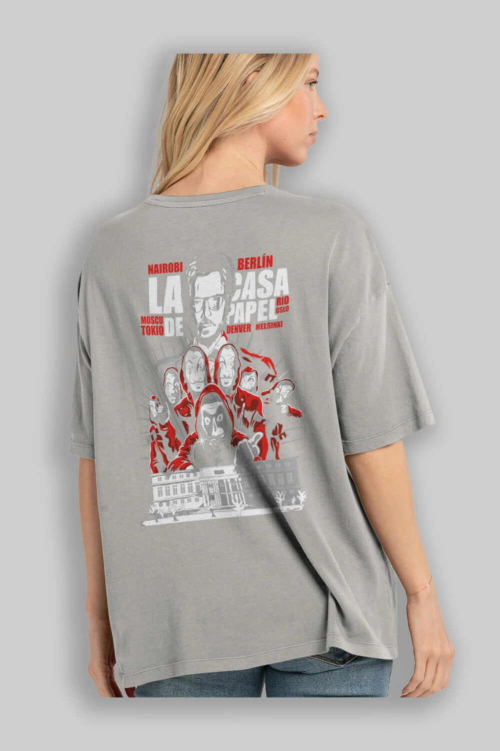 La Casa De Papel (2) Arka Baskılı Oversize t-shirt Erkek Kadın Unisex %100 Pamuk Bisiklet Yaka tişort