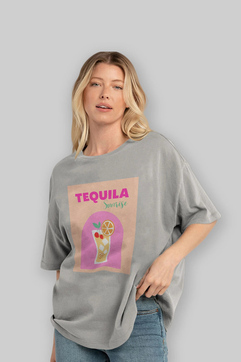 Tequila Sunrise 2 Ön Baskılı Oversize t-shirt Erkek Kadın Unisex %100 Pamuk Bisiklet Yaka tişort