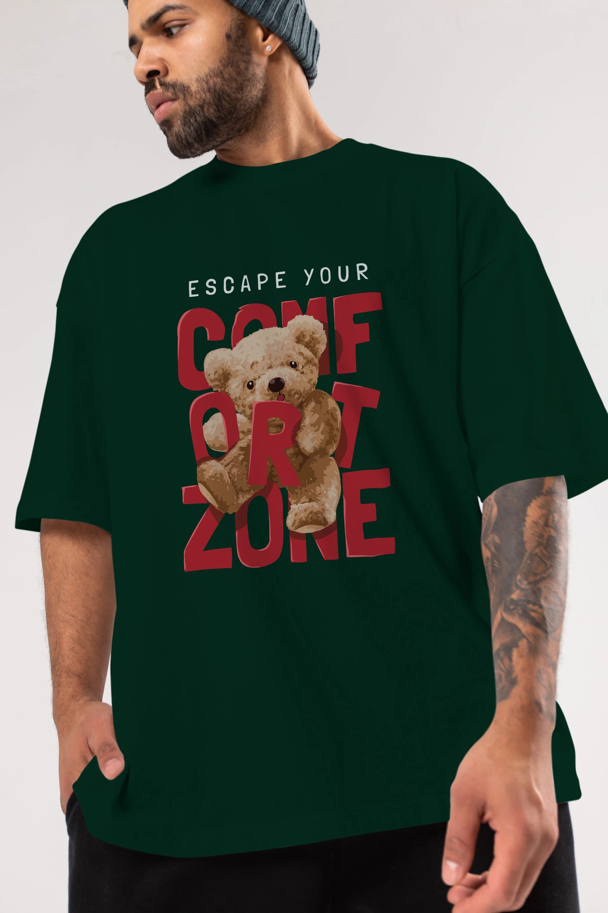 Teddy Bear Escape Comfort Zone Ön Baskılı Oversize t-shirt Erkek Kadın Unisex %100 Pamuk