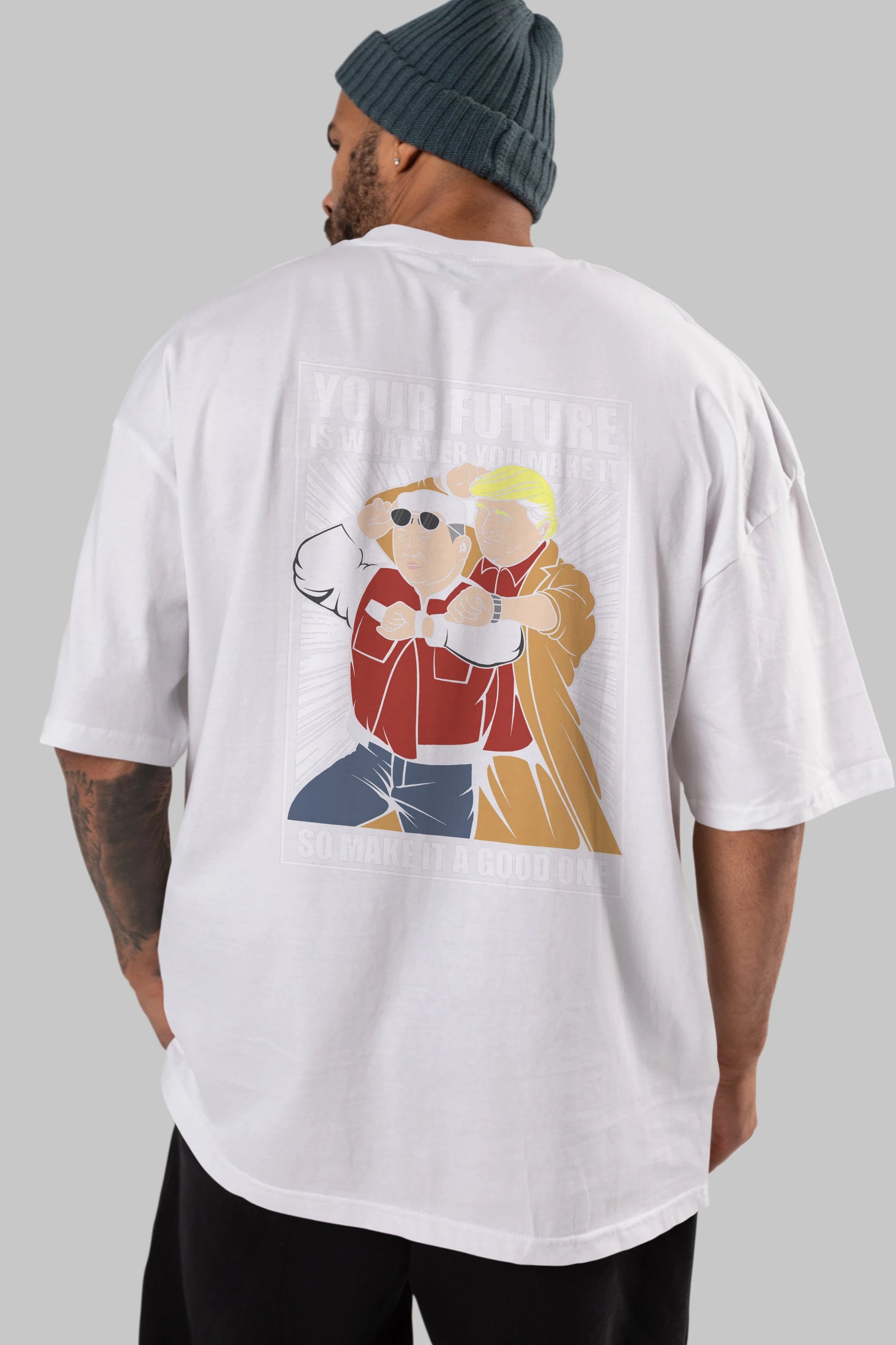 Back To The Future Jong Un Trump Arka Baskılı Oversize t-shirt Erkek Kadın Unisex %100 Pamuk tişort