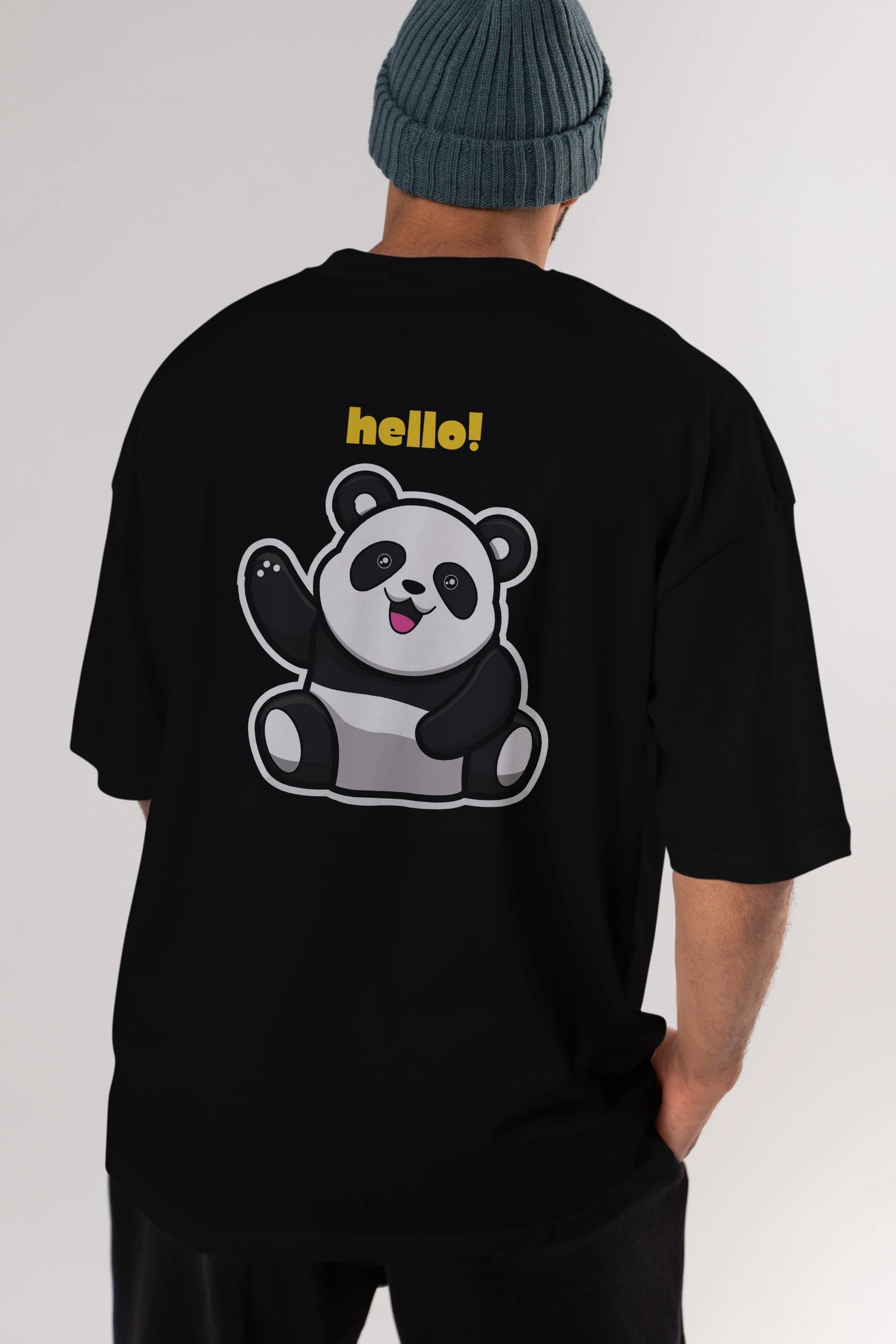 Hello Panda Arka Baskılı Oversize t-shirt Erkek Kadın Unisex