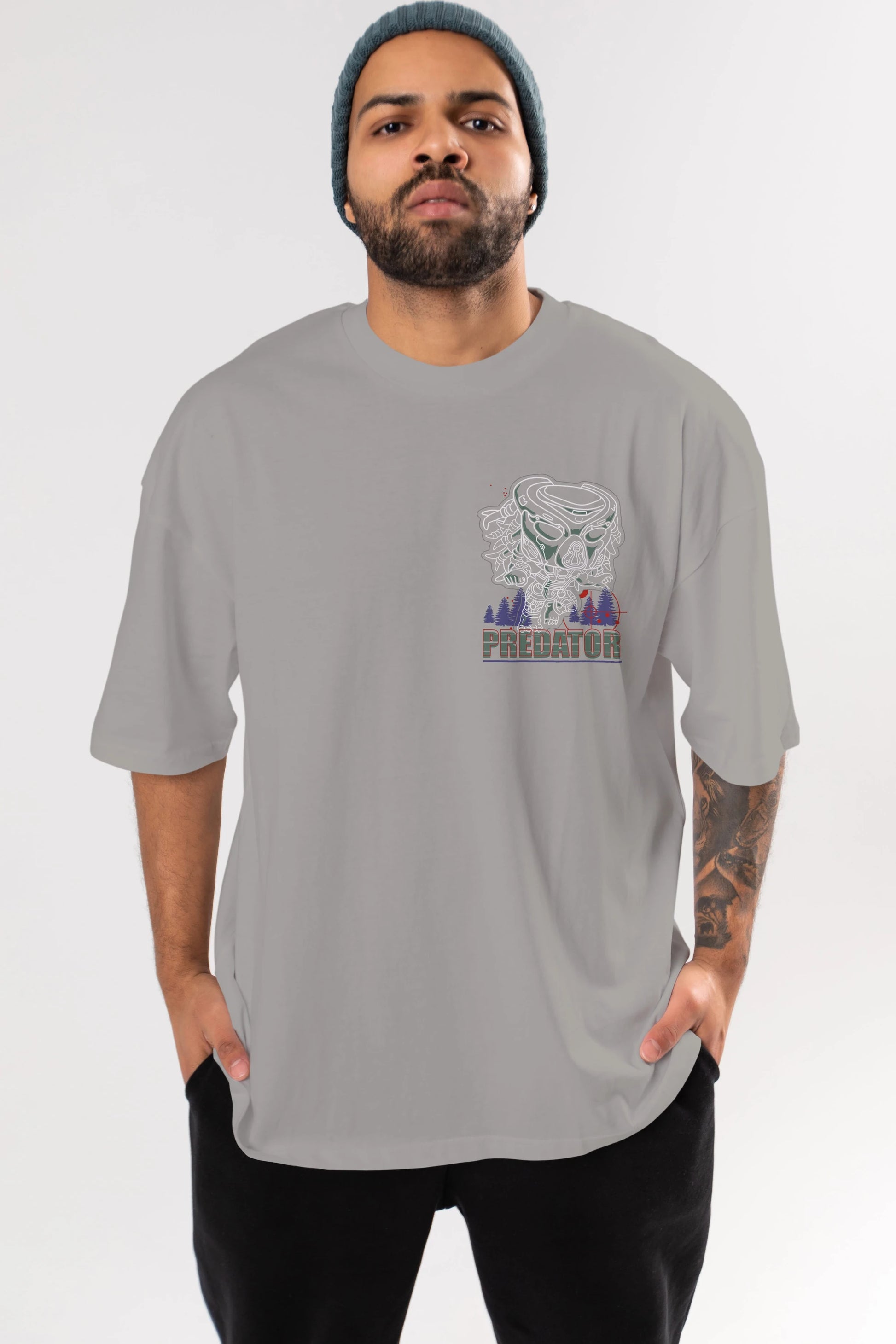 Predator Ön Sol Baskılı Oversize t-shirt Erkek Kadın Unisex %100 Pamuk Bisiklet Yaka tişort