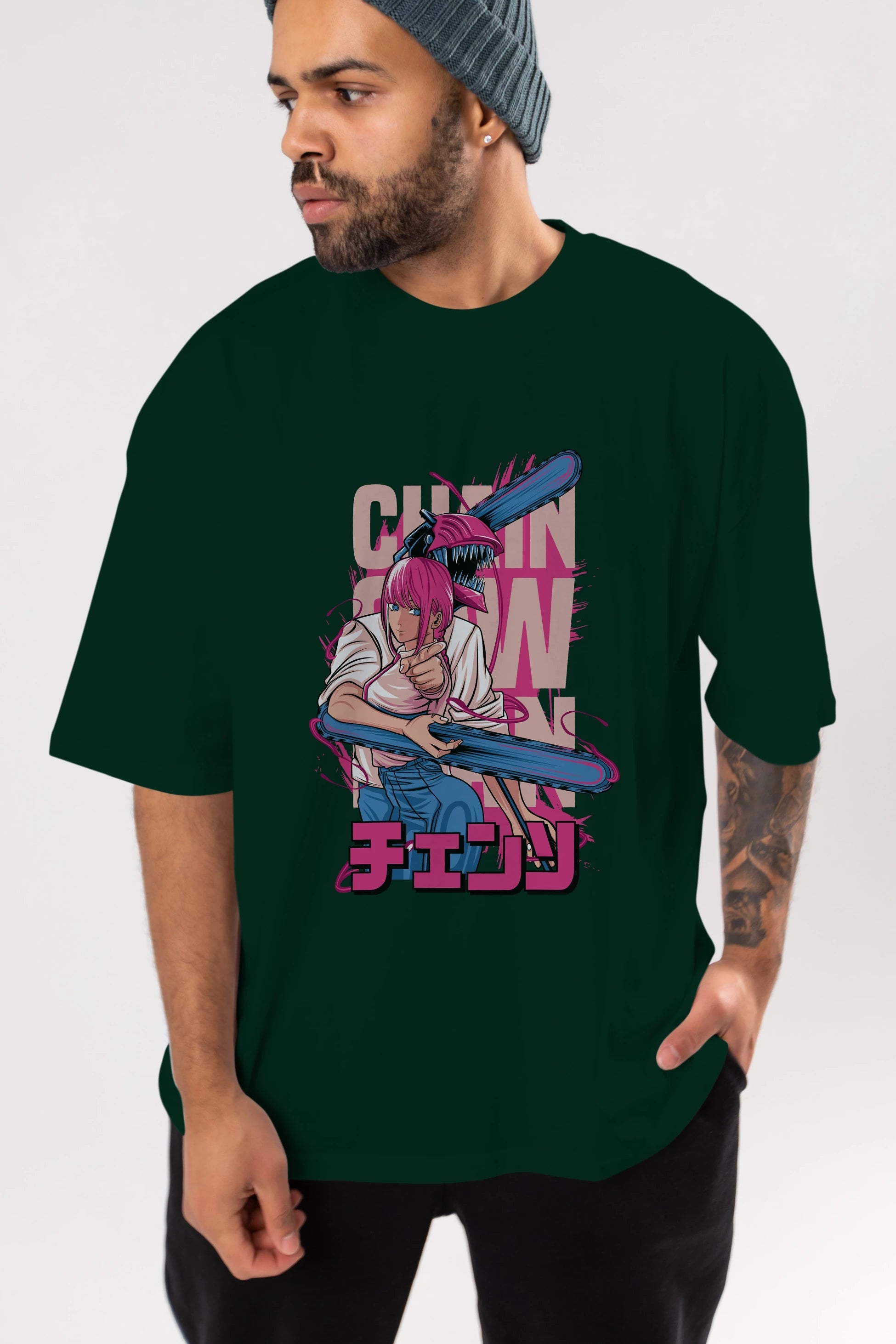 DENJI and MAKIMA Anime Ön Baskılı Oversize t-shirt %100 pamuk Erkek Kadın Unisex