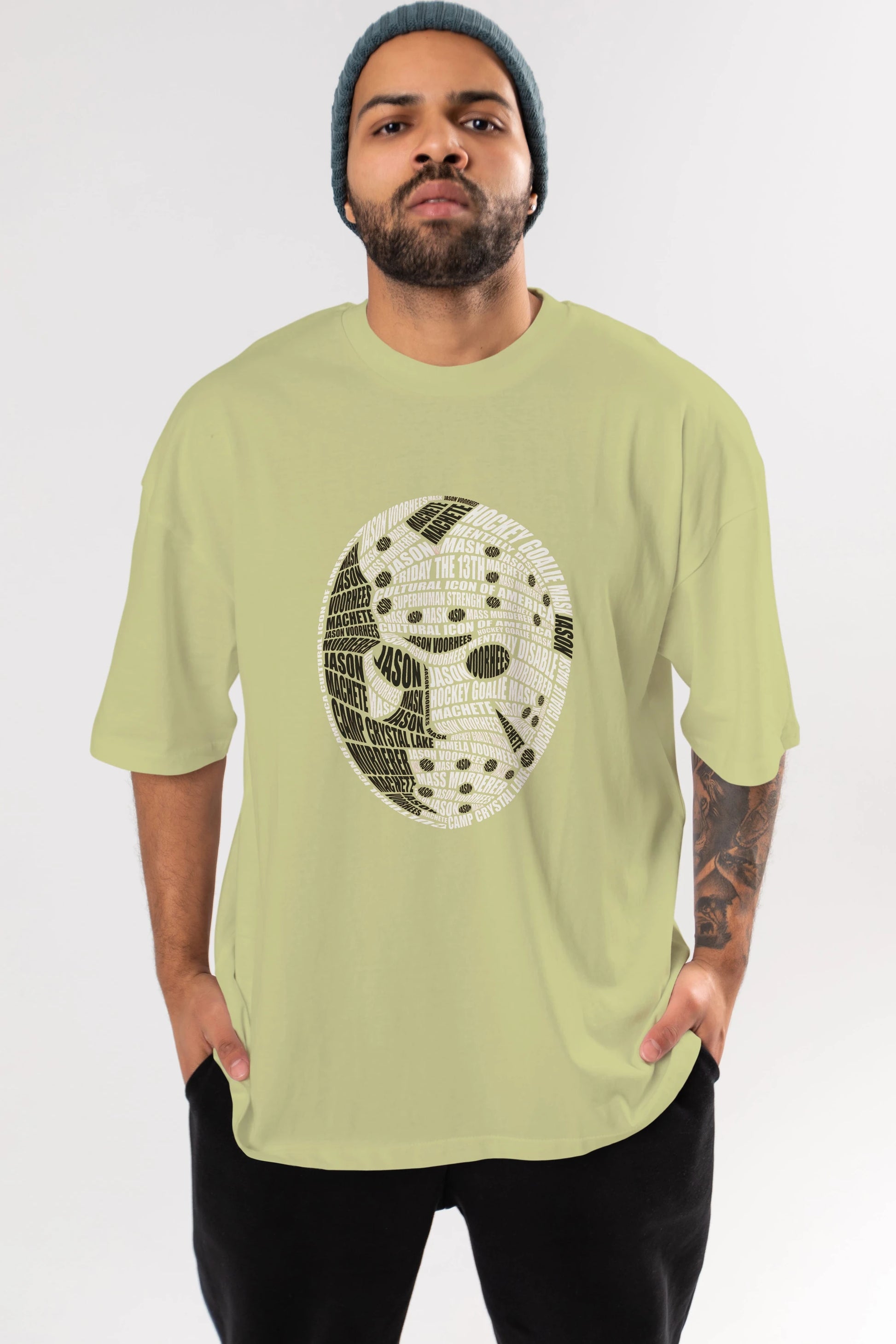 Jason Voorhees Calligram Ön Baskılı Oversize t-shirt %100 pamuk Erkek Kadın Unisex