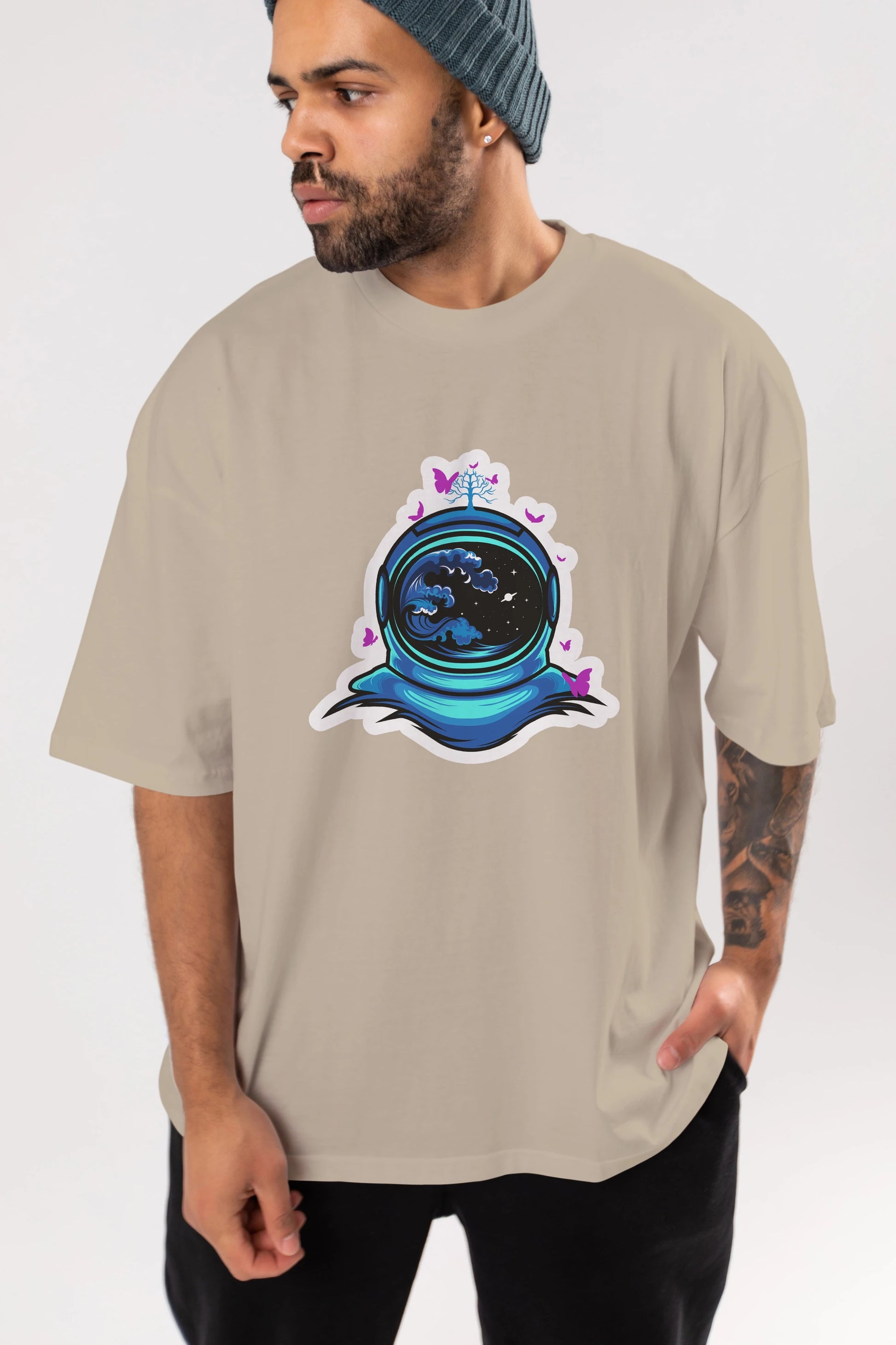 Astronaut and Butterfly Sticker Ön Baskılı Oversize t-shirt Erkek Kadın Unisex