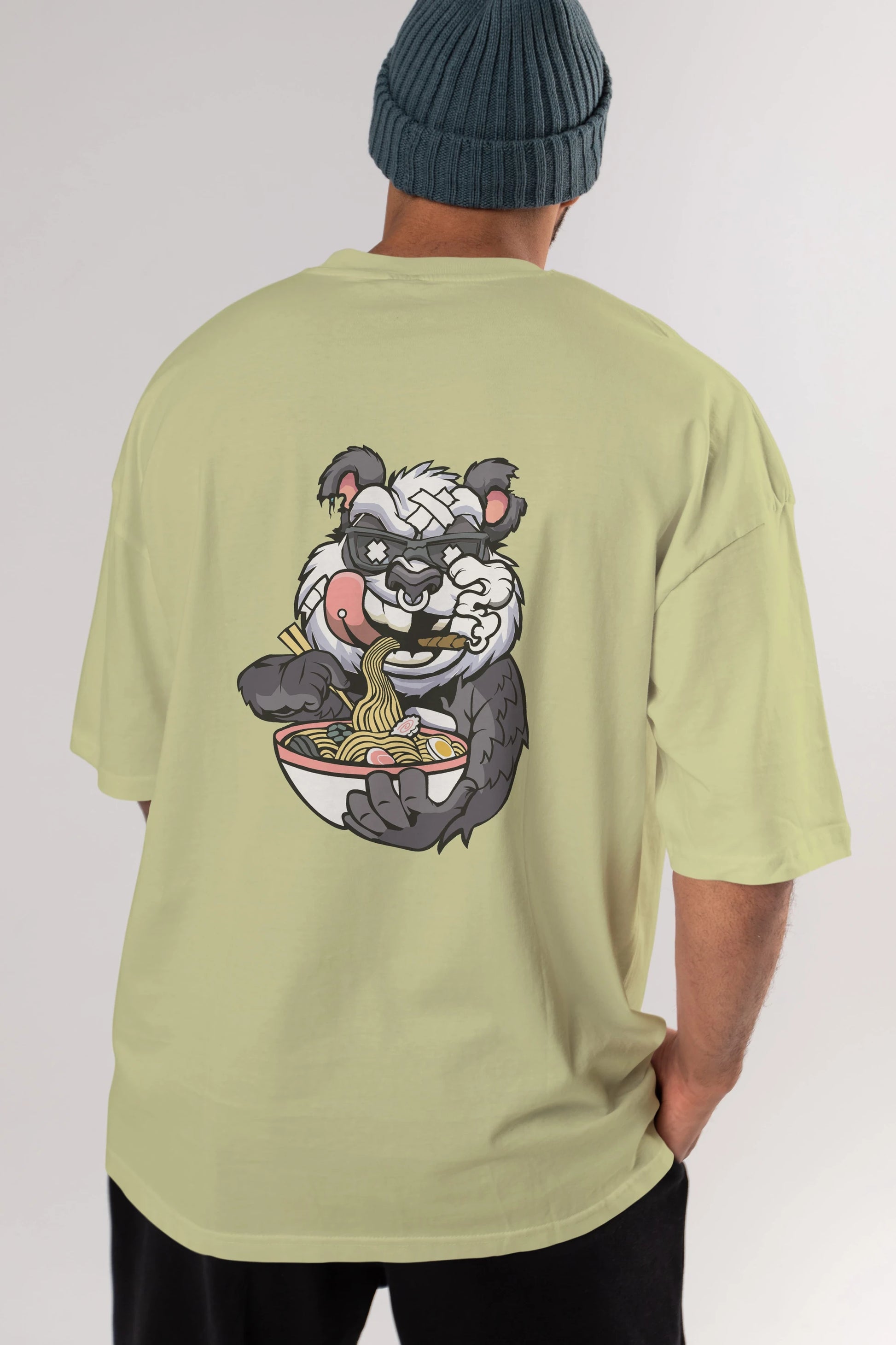 Panda Ramen Arka Baskılı Oversize t-shirt Erkek Kadın Unisex %100 Pamuk tişort