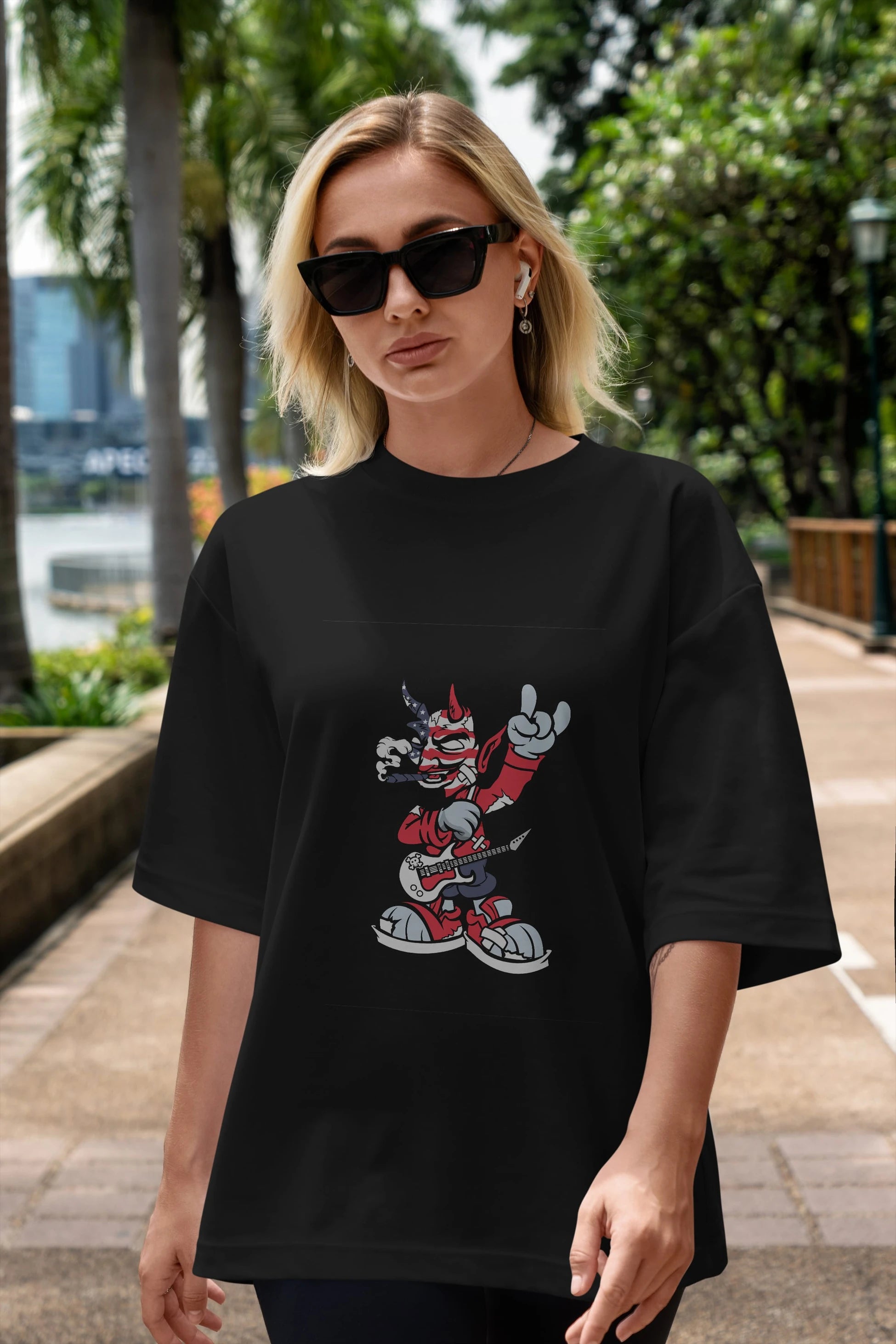 American Devil Rockstar Ön Baskılı Oversize t-shirt Erkek Kadın Unisex %100 Pamuk tişort