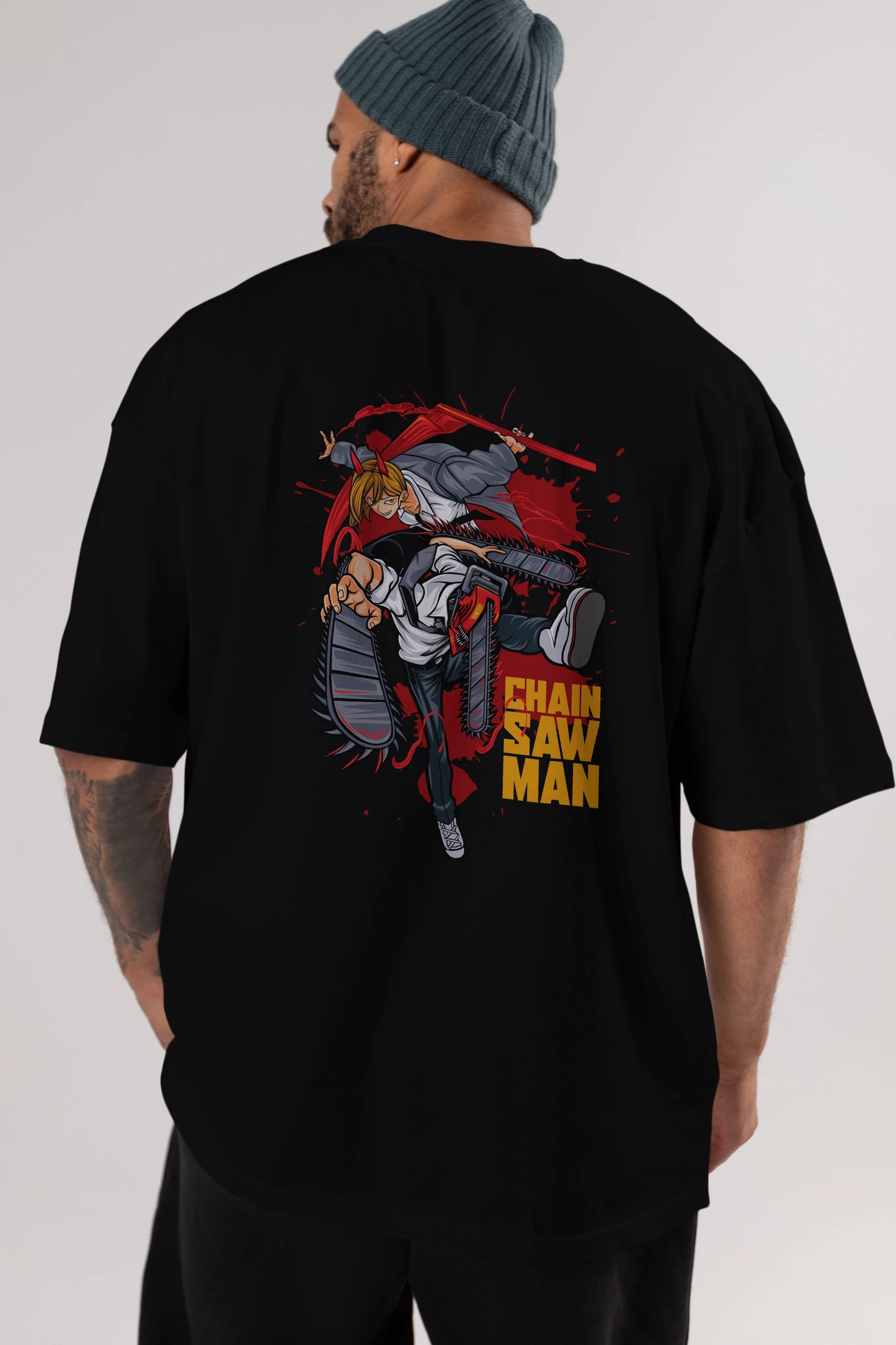 DENJI and POWER Anime Arka Baskılı Oversize t-shirt Erkek Kadın Unisex