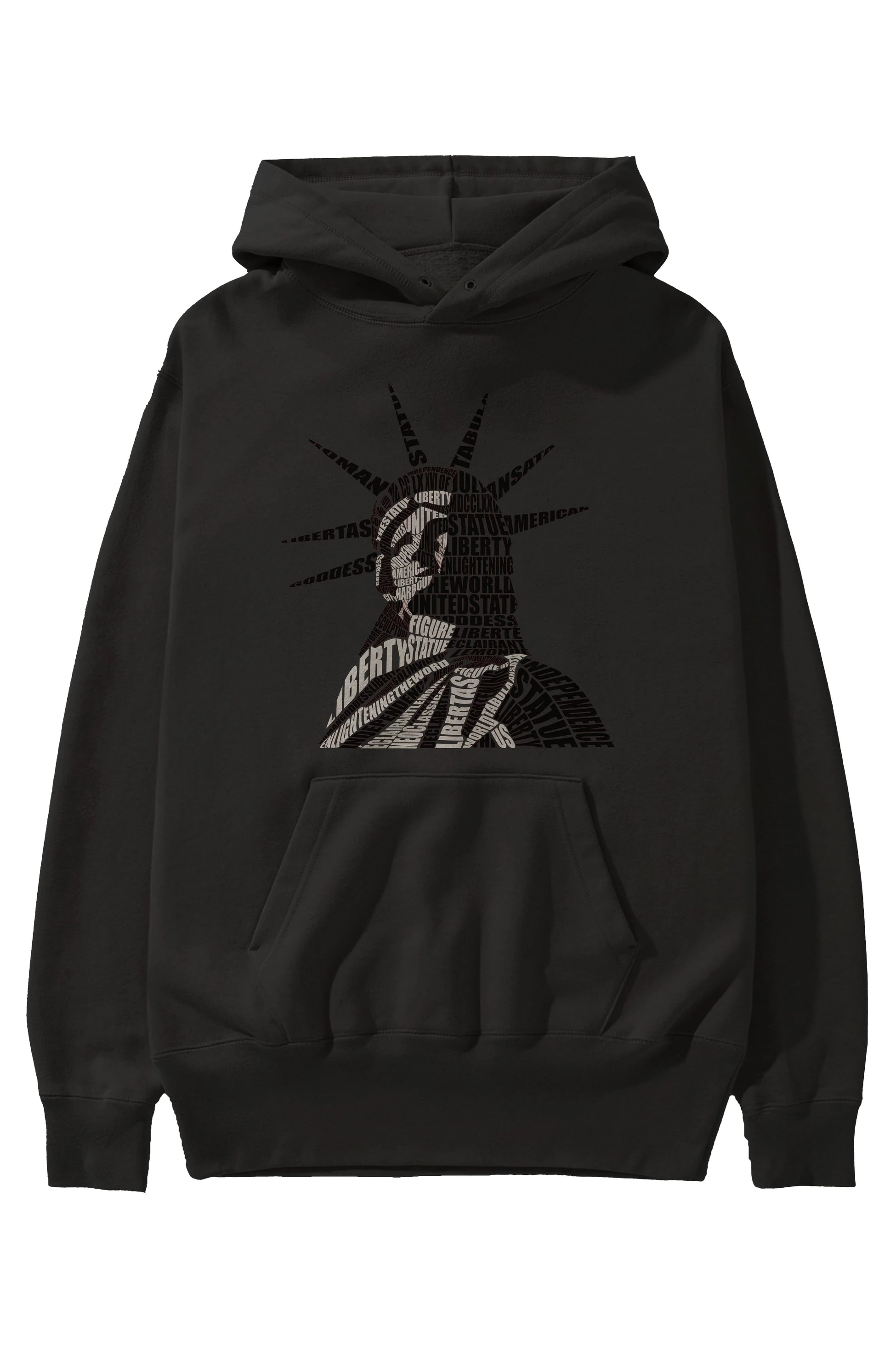Liberty Statue Calligram Ön Baskılı Hoodie Oversize Kapüşonlu Sweatshirt Erkek Kadın Unisex