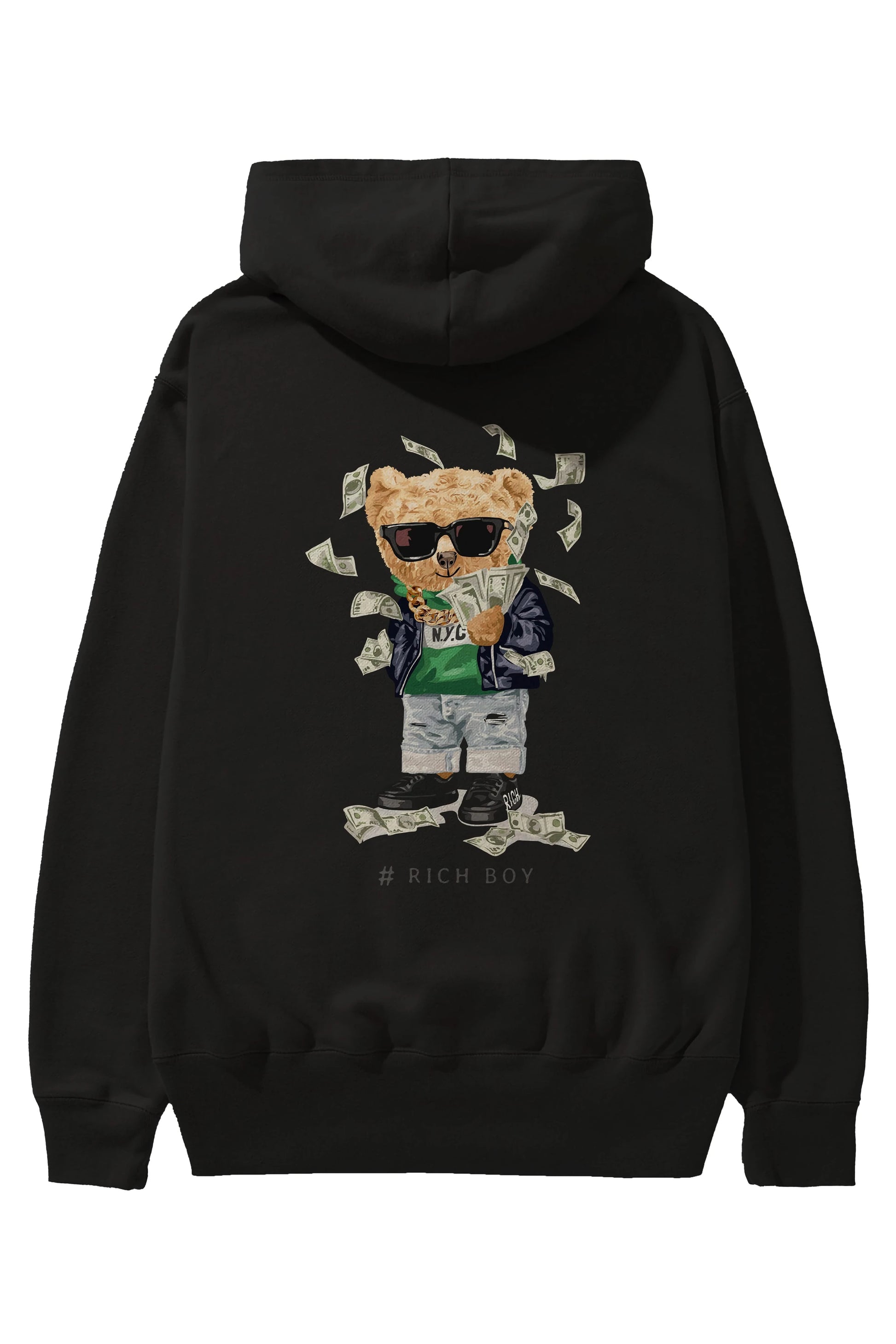 Teddy Bear Rich Boy Arka Baskılı Hoodie Oversize Kapüşonlu Sweatshirt Erkek Kadın Unisex