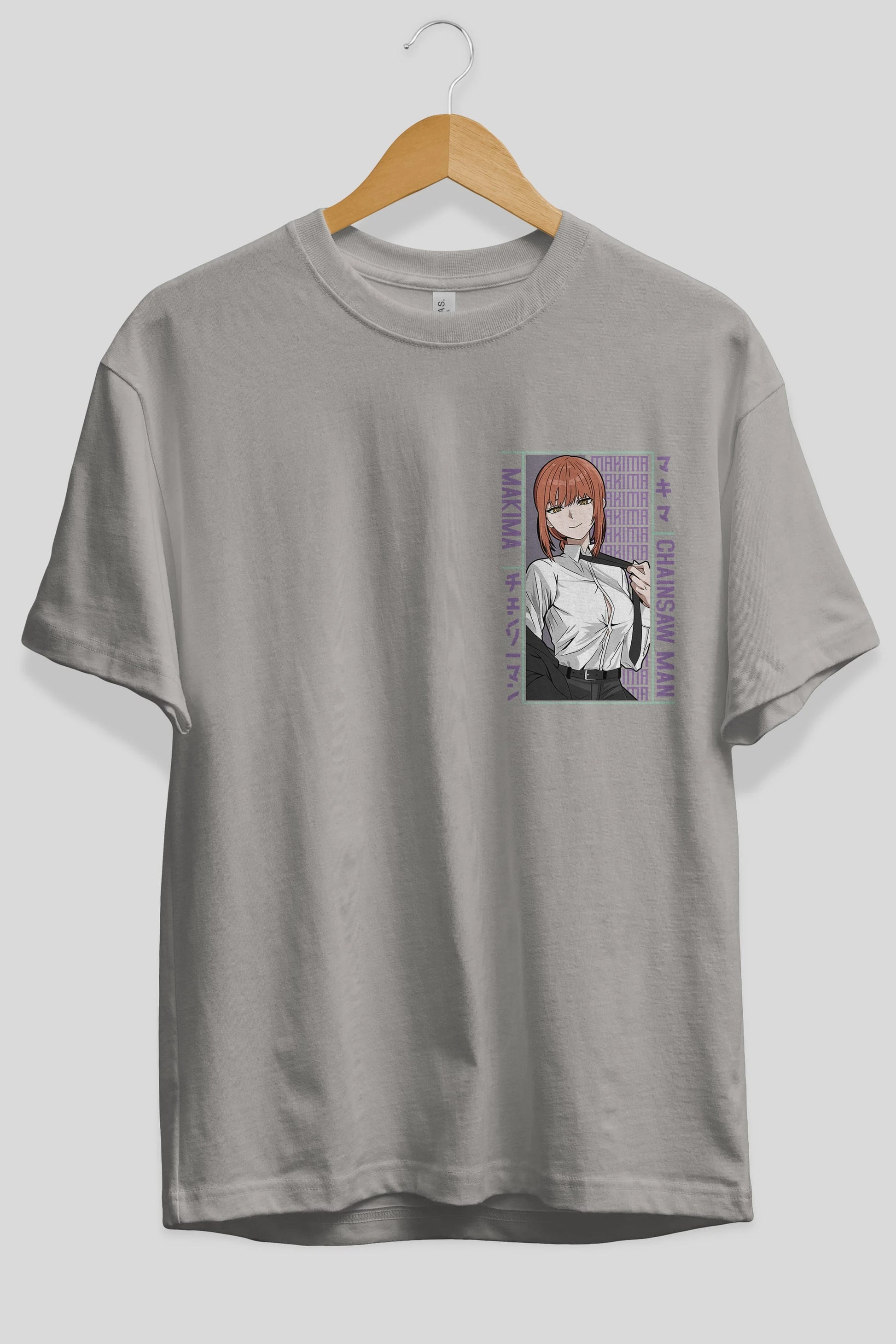Makima Chain Saw Man Ön Sol Baskılı Oversize t-shirt Erkek Kadın Unisex %100 Pamuk Bisiklet Yaka tişort
