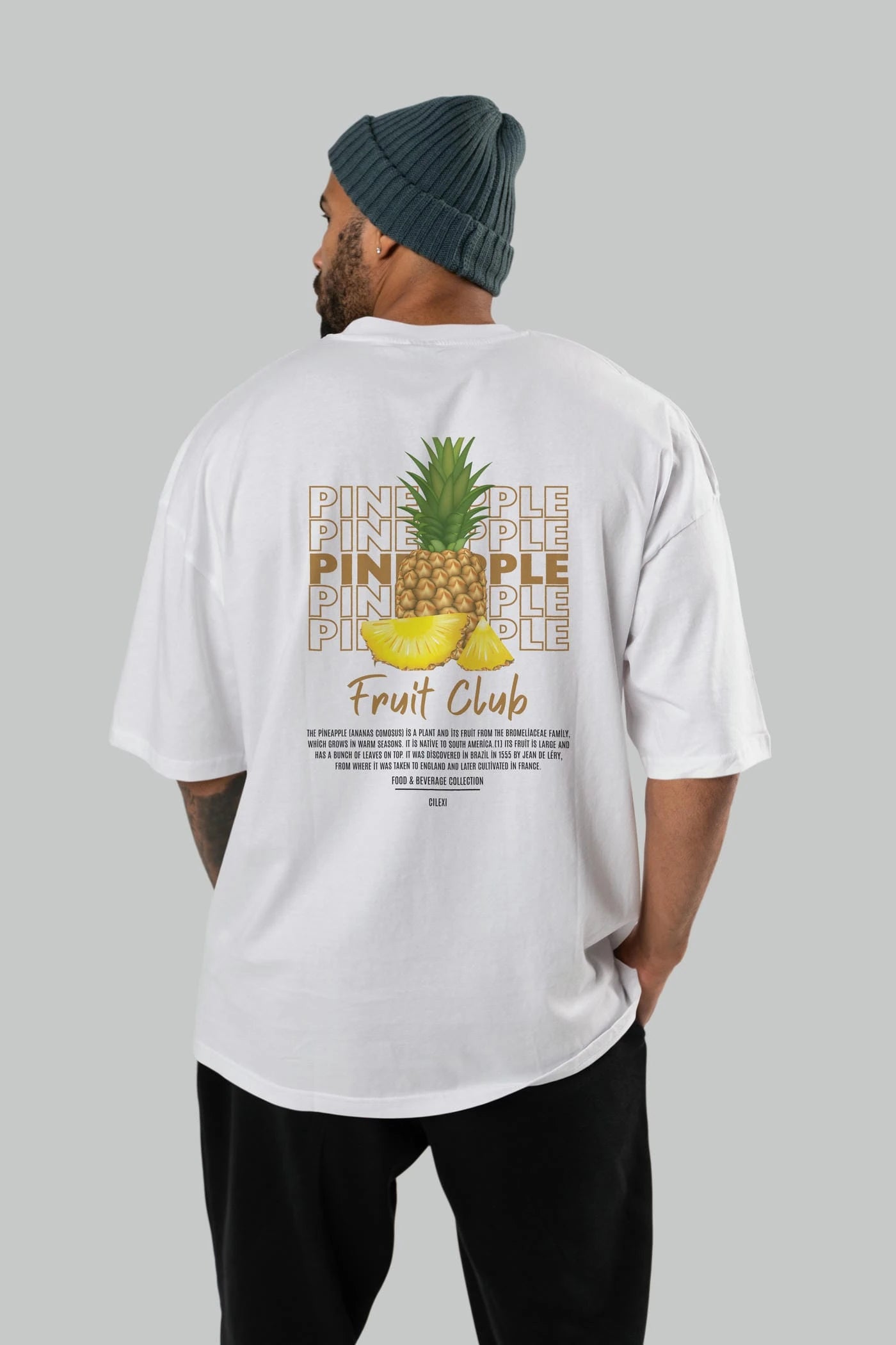 Pineapple Arka Baskılı Oversize t-shirt Erkek Kadın Pamuk Bisiklet Yaka tişort