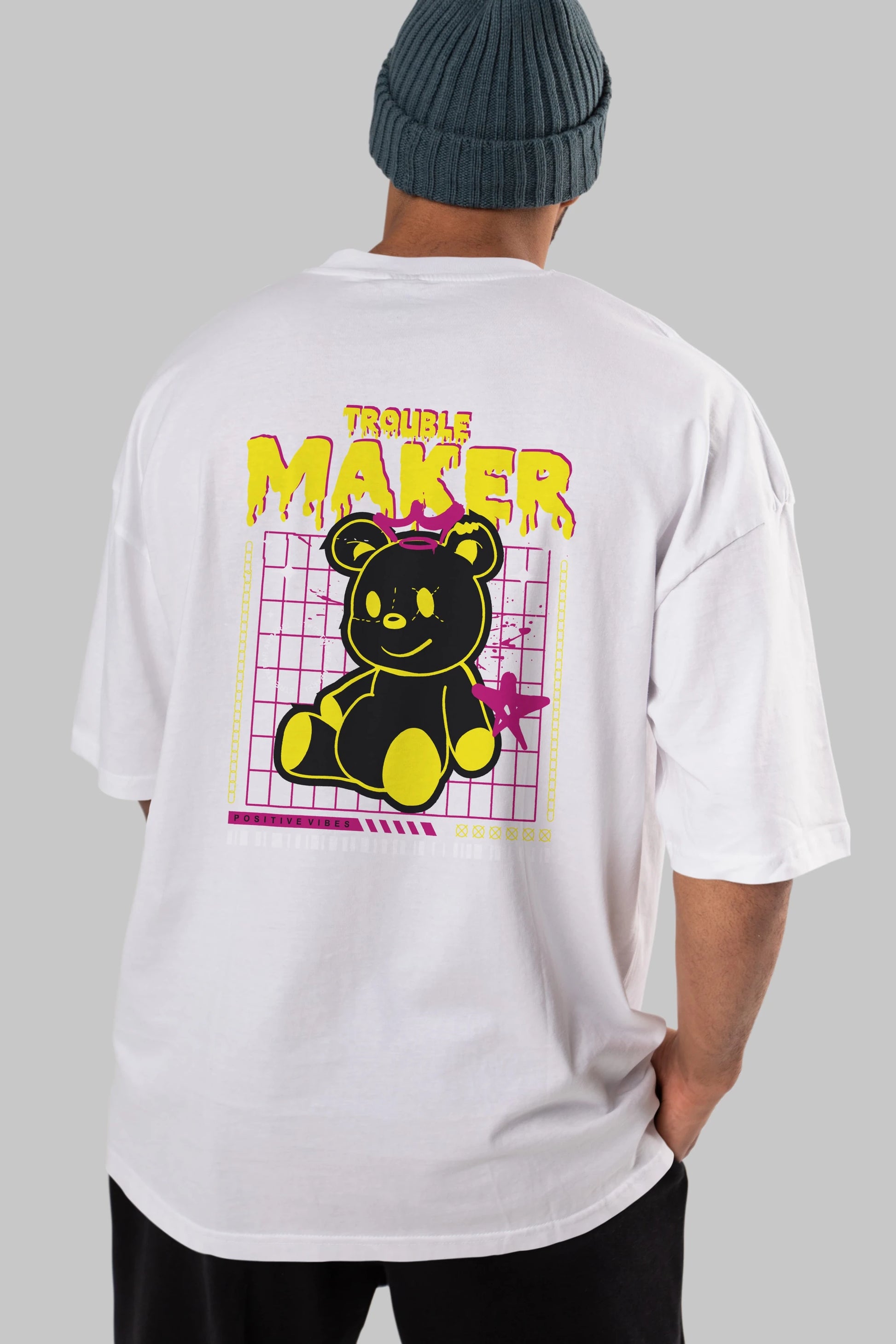 Teddy Bear Trouble Maker Arka Baskılı Oversize t-shirt Erkek Kadın Unisex
