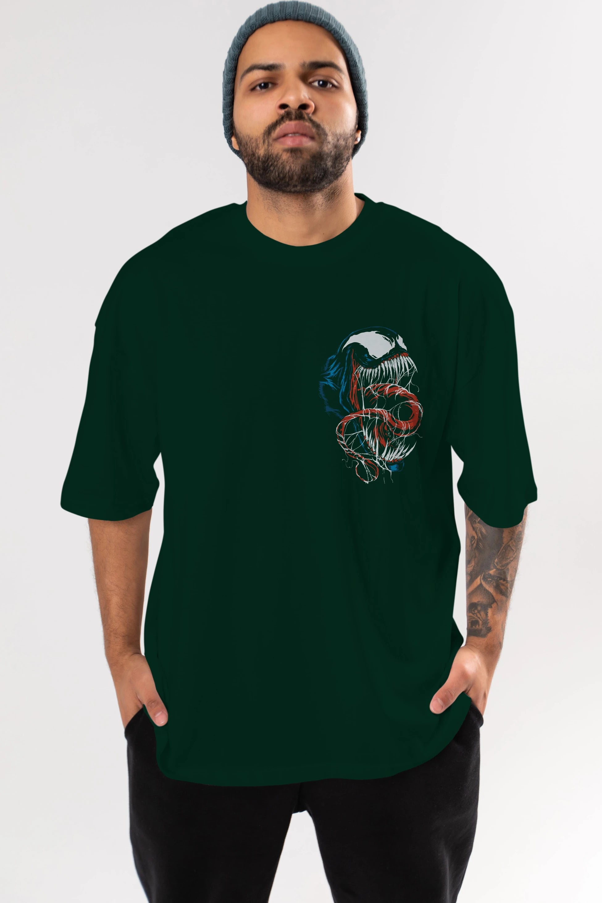 Venom (10) Ön Sol Baskılı Oversize t-shirt Erkek Kadın Unisex %100 Pamuk Bisiklet Yaka tişort