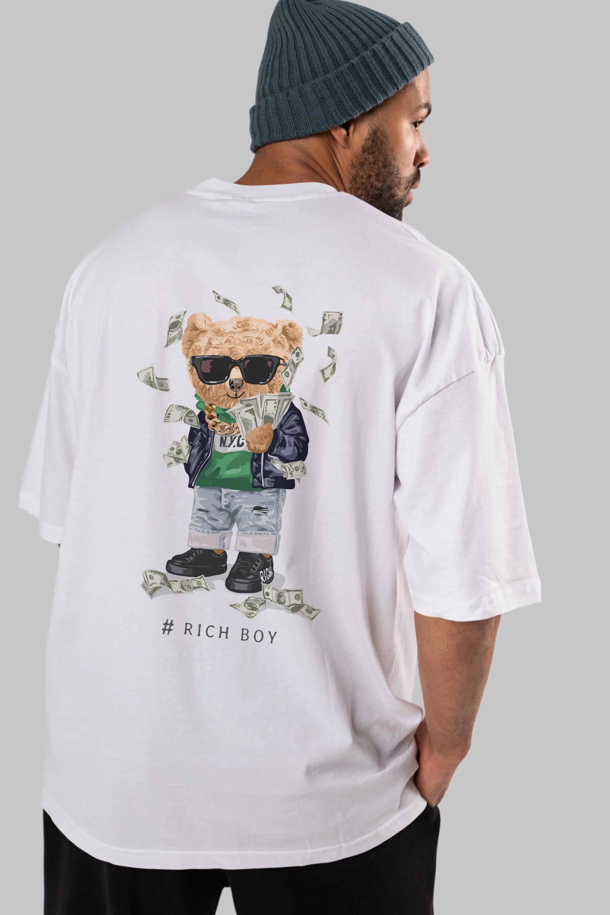 Teddy Bear Rich Boy Arka Baskılı Oversize t-shirt Erkek Kadın Unisex %100 Pamuk
