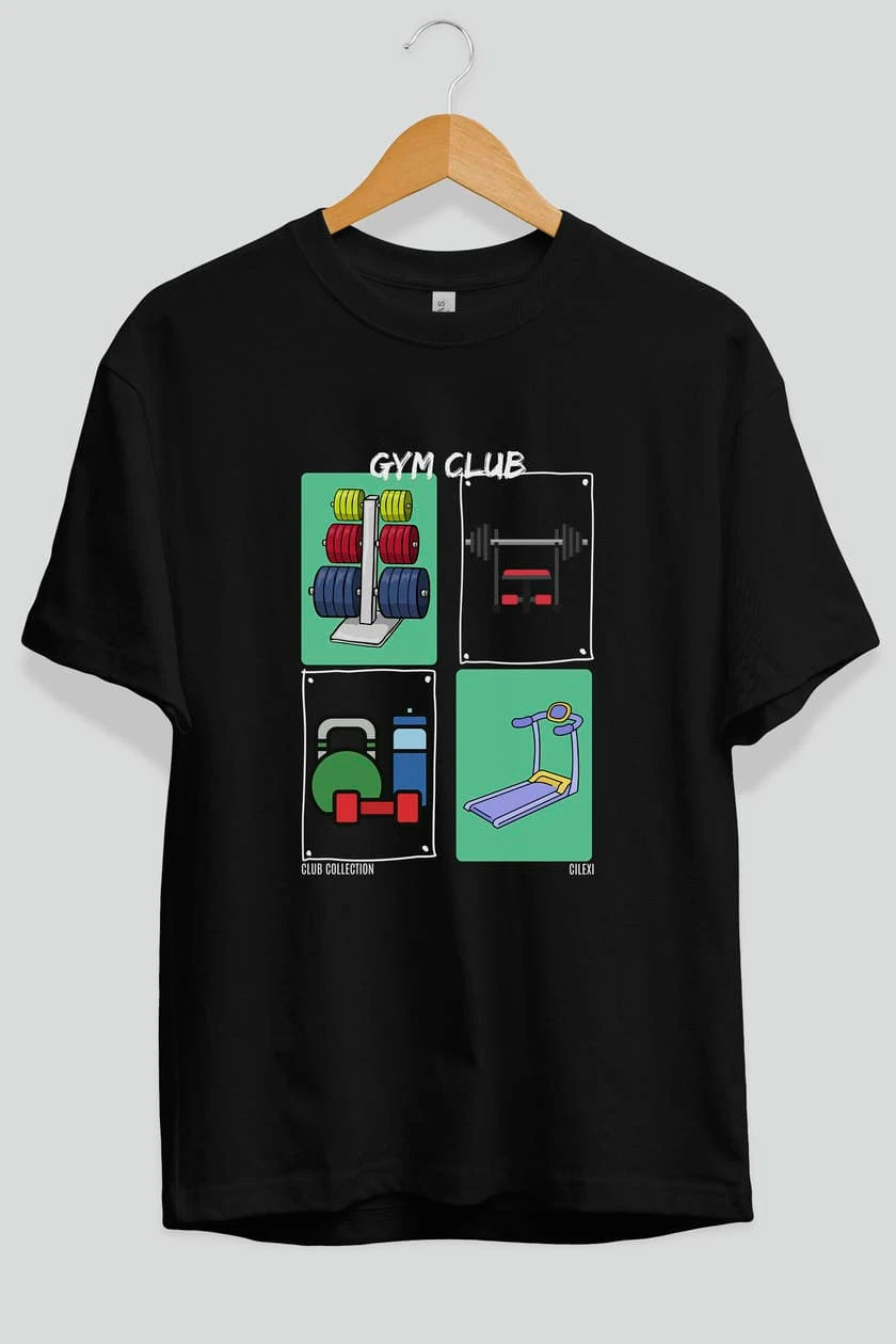 Gym Club ön Baskılı Oversize t-shirt Erkek Kadın %100 Pamuk Bisiklet Yaka tişort