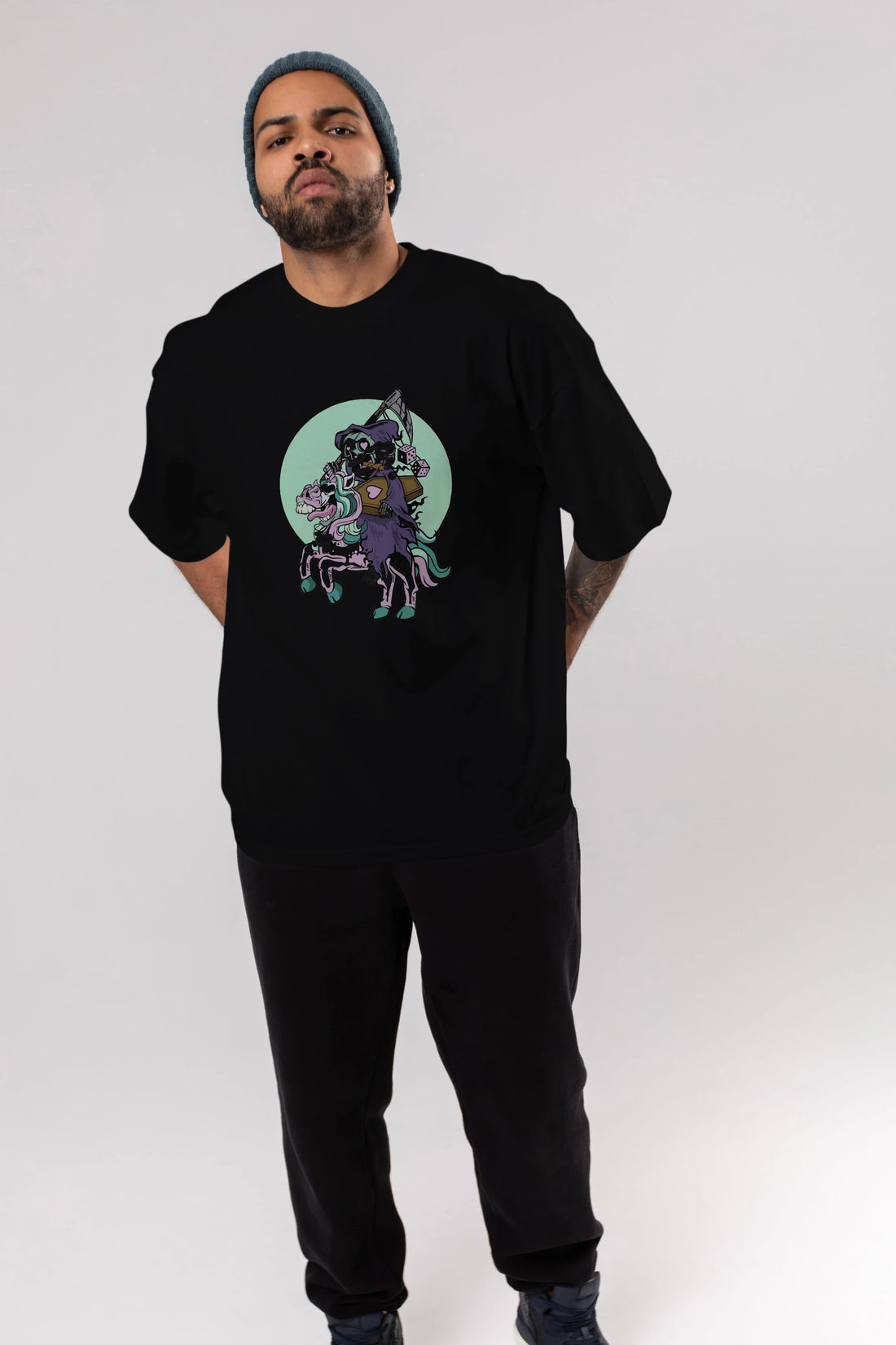 Grim Reaper Riding Unicorn Ön Baskılı Oversize t-shirt Erkek Kadın Unisex %100 Pamuk tişort