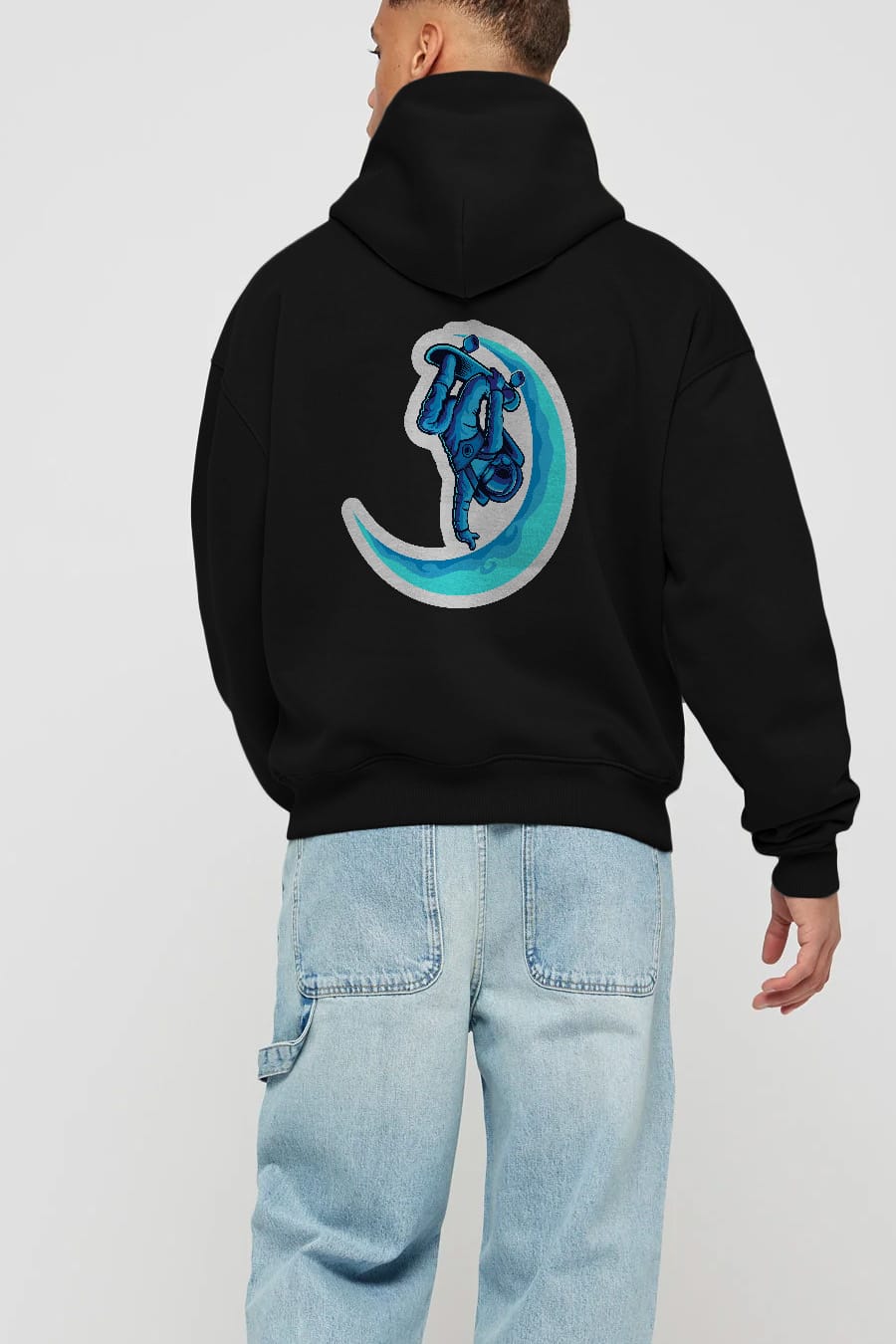 Skating on the moon sticker Arka Baskılı Hoodie Oversize Kapüşonlu Sweatshirt Erkek Kadın Unisex