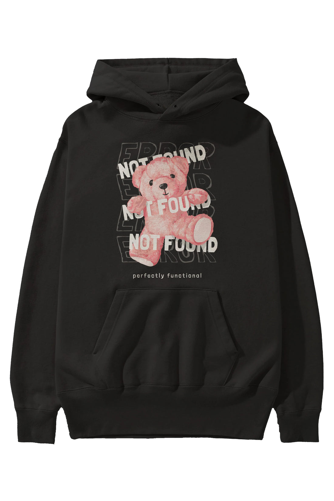 Error Not Found Bear Ön Baskılı Hoodie Oversize Kapüşonlu Sweatshirt Erkek Kadın Unisex