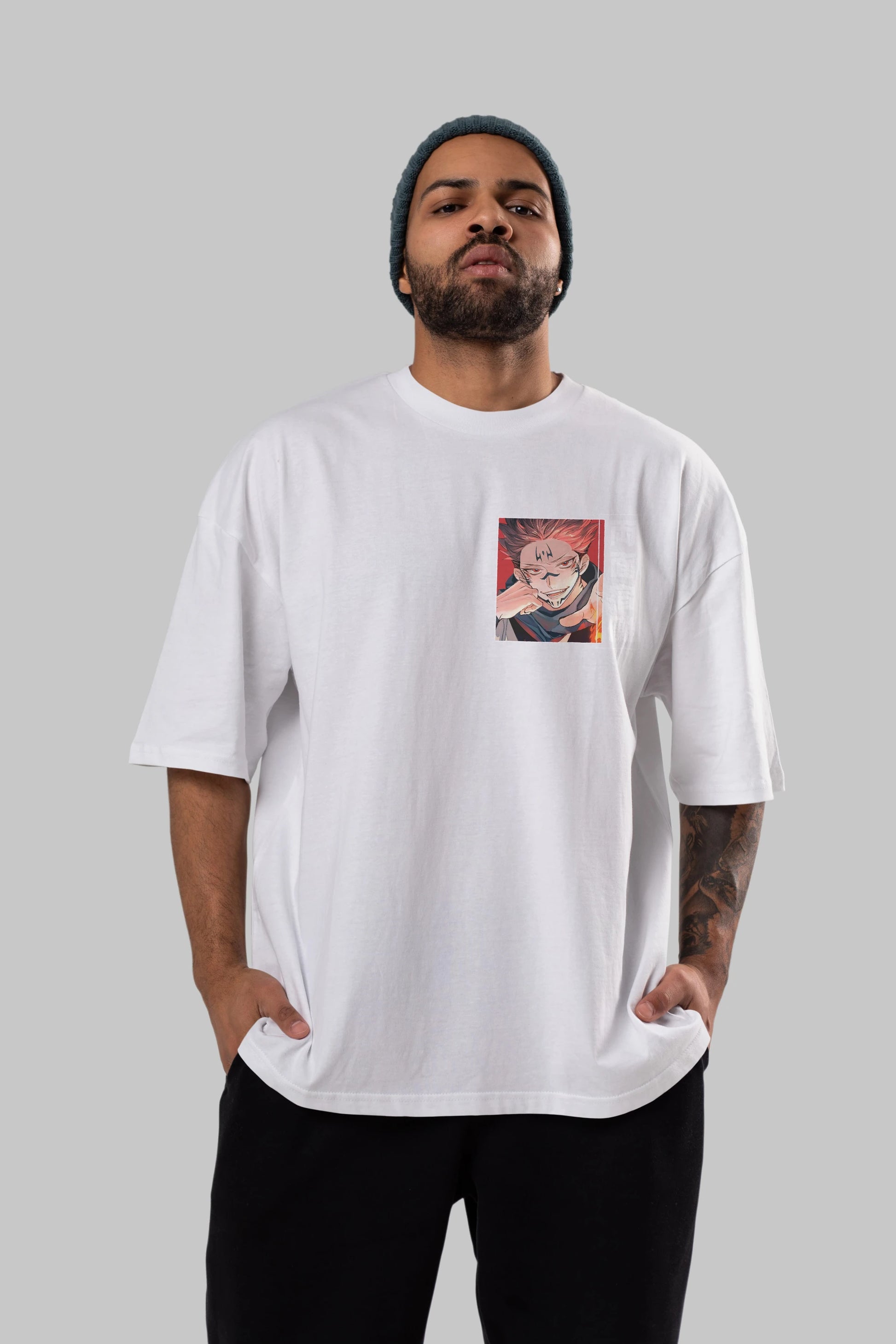 Sukuna Ryoumen 4 Ön Sol Baskılı Oversize t-shirt Erkek Kadın Unisex %100 Pamuk Bisiklet Yaka tişort