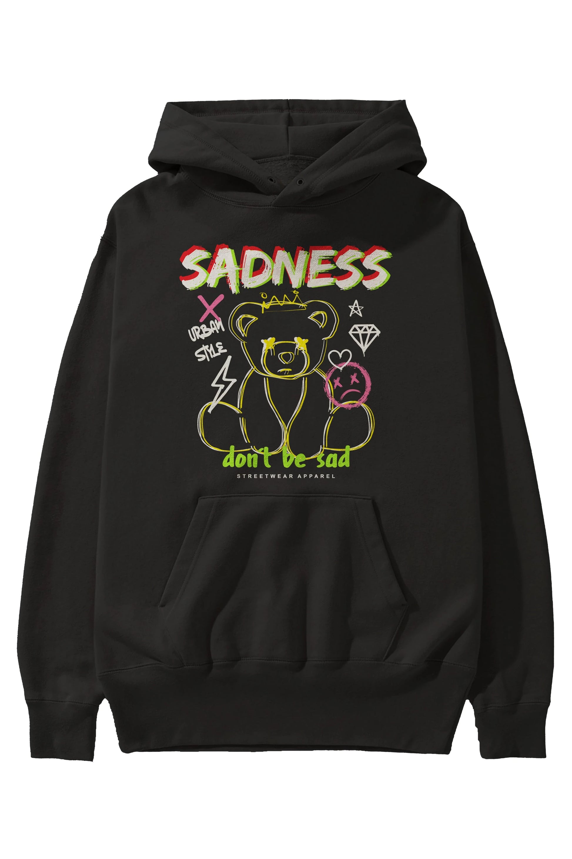 Teddy Bear Sadness Ön Baskılı Hoodie Oversize Kapüşonlu Sweatshirt Erkek Kadın Unisex