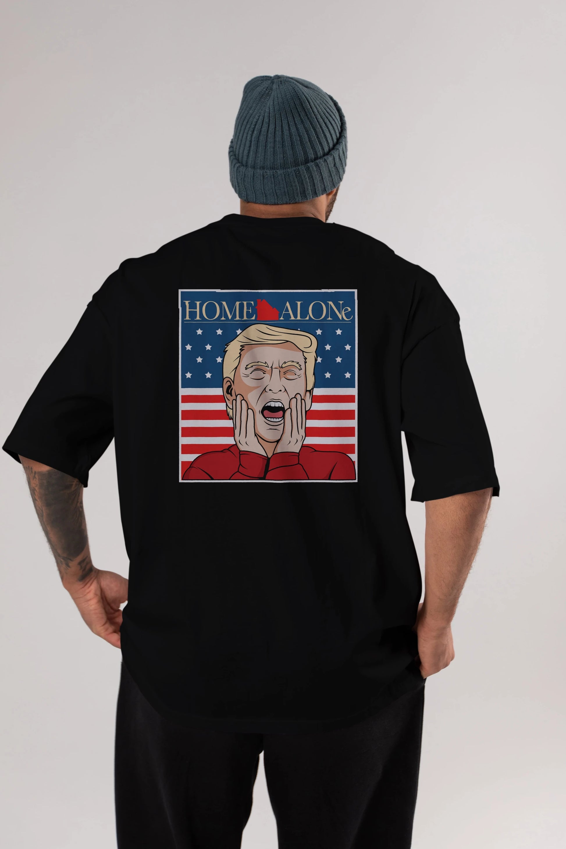 Home Alone Trump Arka Baskılı Oversize t-shirt Erkek Kadın Unisex %100 Pamuk tişort
