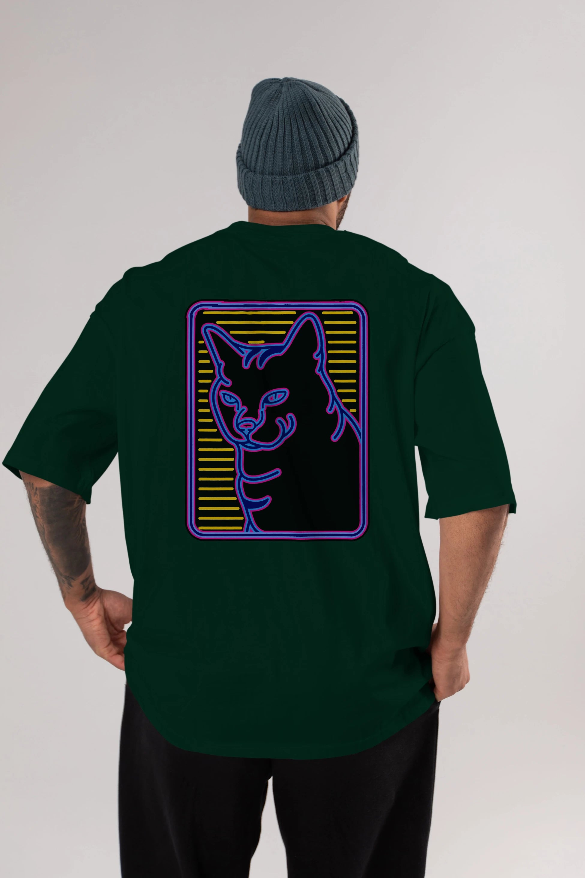 Neon Cat Arka Baskılı Oversize t-shirt Erkek Kadın Unisex
