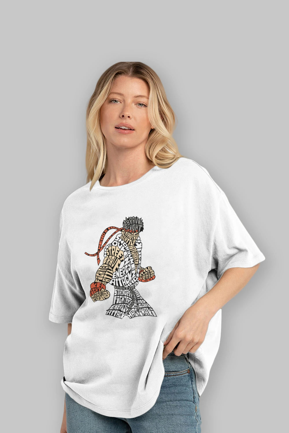 Hadouken Ön Baskılı Oversize t-shirt %100 pamuk Erkek Kadın Unisex