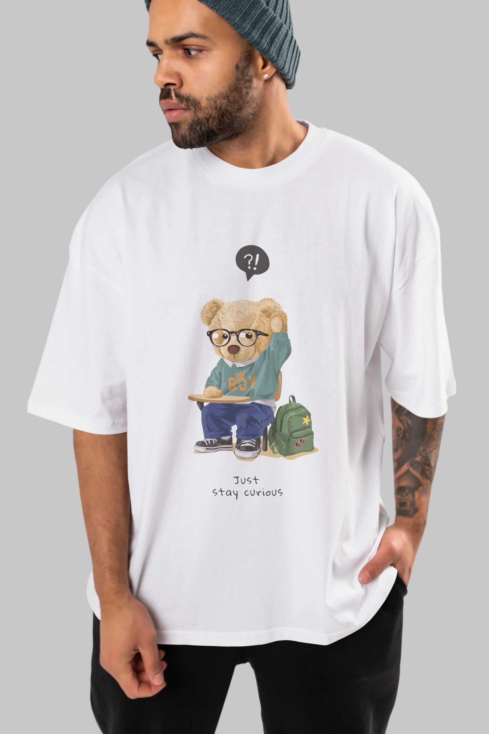 Teddy Bear Just Stay Curious Ön Baskılı Oversize t-shirt Erkek Kadın Unisex %100 Pamuk