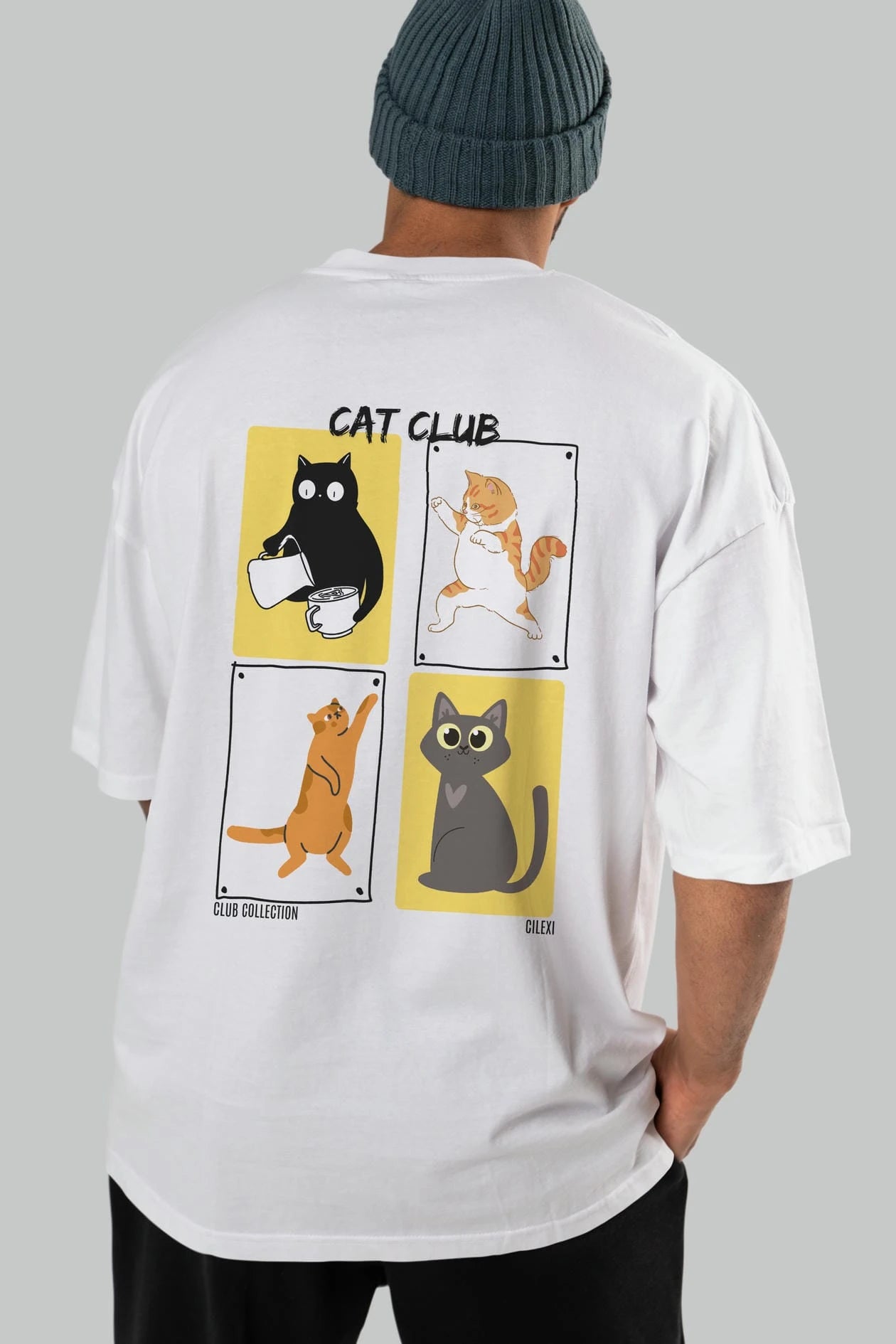 Cat Club Arka Baskılı Oversize t-shirt Erkek Kadın %100 Pamuk Bisiklet Yaka tişort