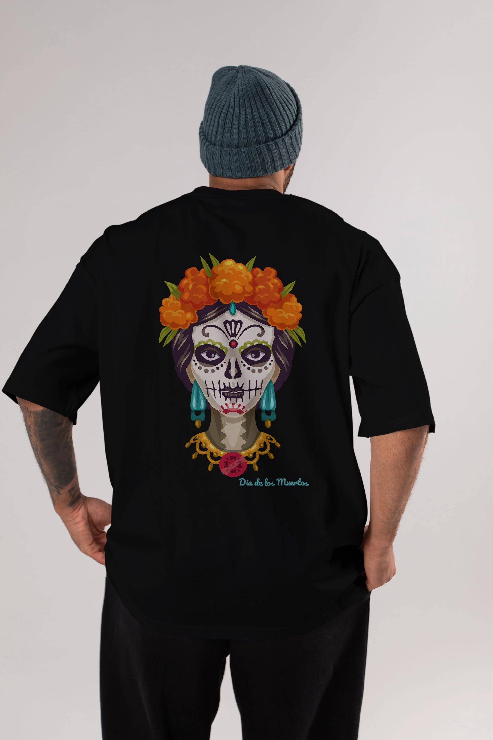 Dia de los Muertos 2 Arka Baskılı Oversize t-shirt Erkek Kadın Unisex
