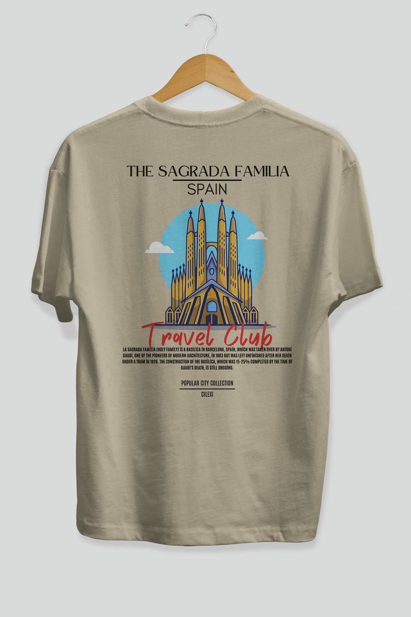 The Sagrada Familia Spain Arka Baskılı Oversize t-shirt Erkek Kadın Pamuk Bisiklet Yaka tişort