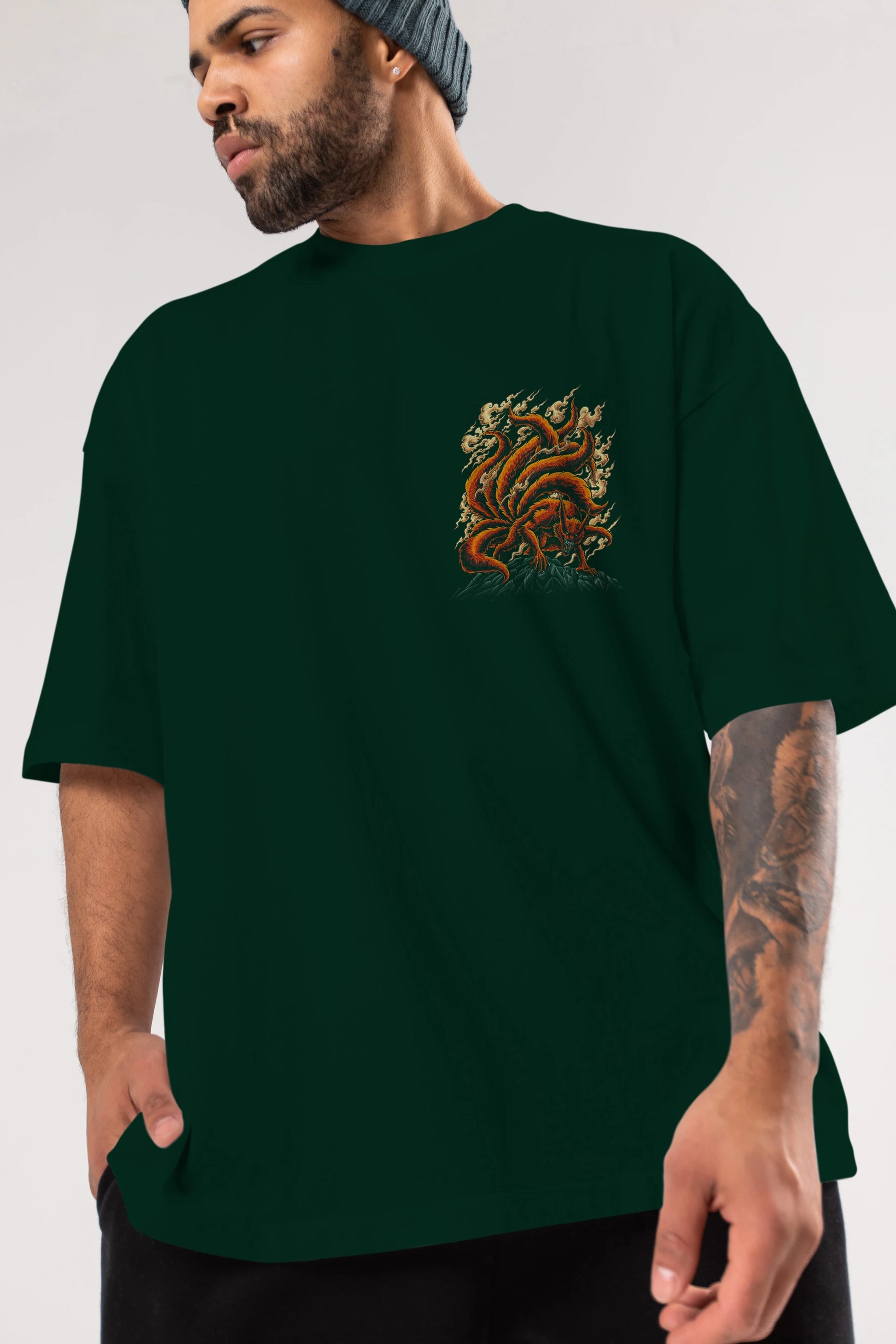 NARUTO KYUUBI Ön Sol Baskılı Oversize t-shirt Erkek Kadın Unisex %100 Pamuk Bisiklet Yaka tişort