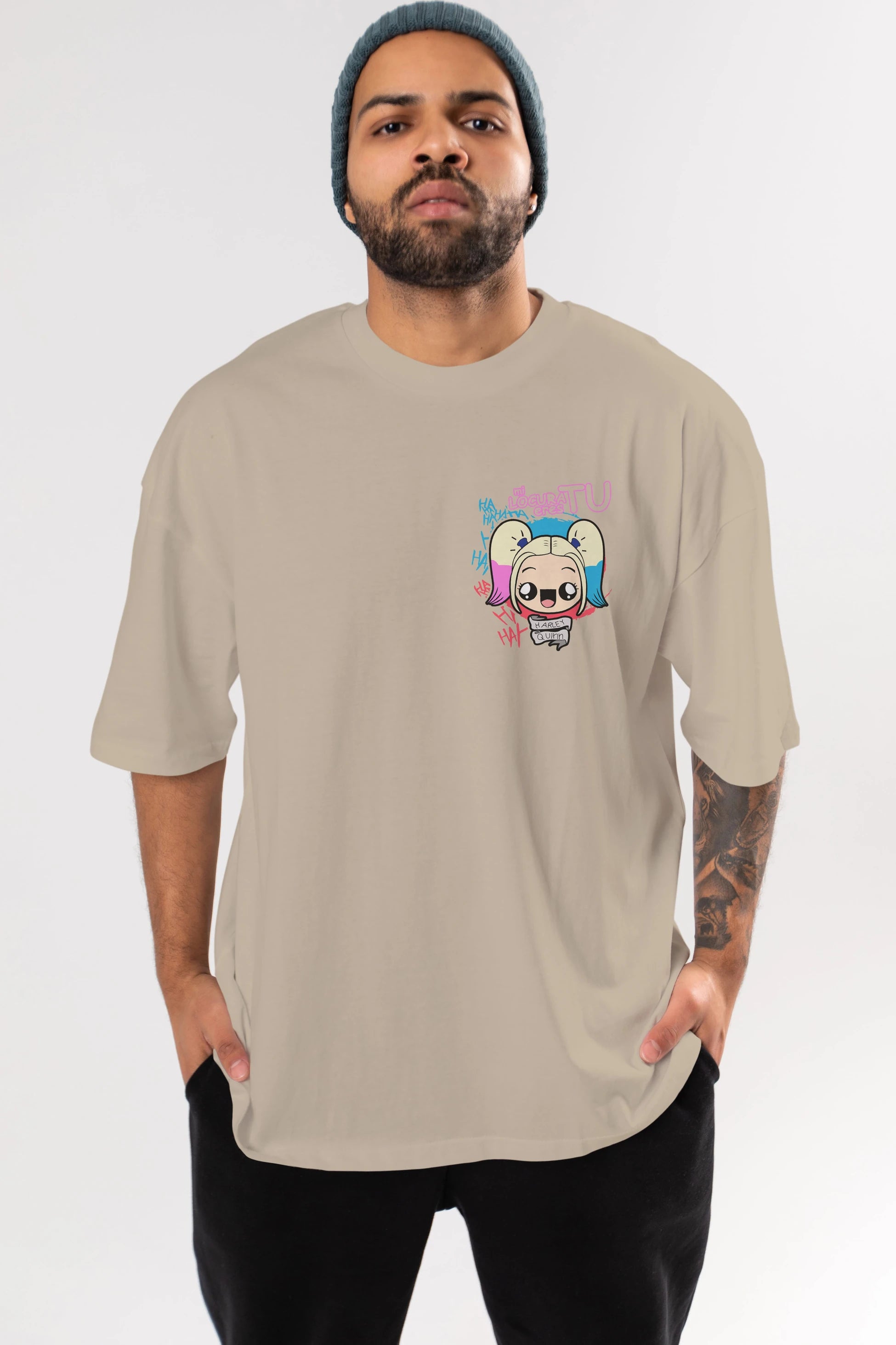 Harley Quinn Ön Sol Baskılı Oversize t-shirt Erkek Kadın Unisex %100 Pamuk Bisiklet Yaka tişort
