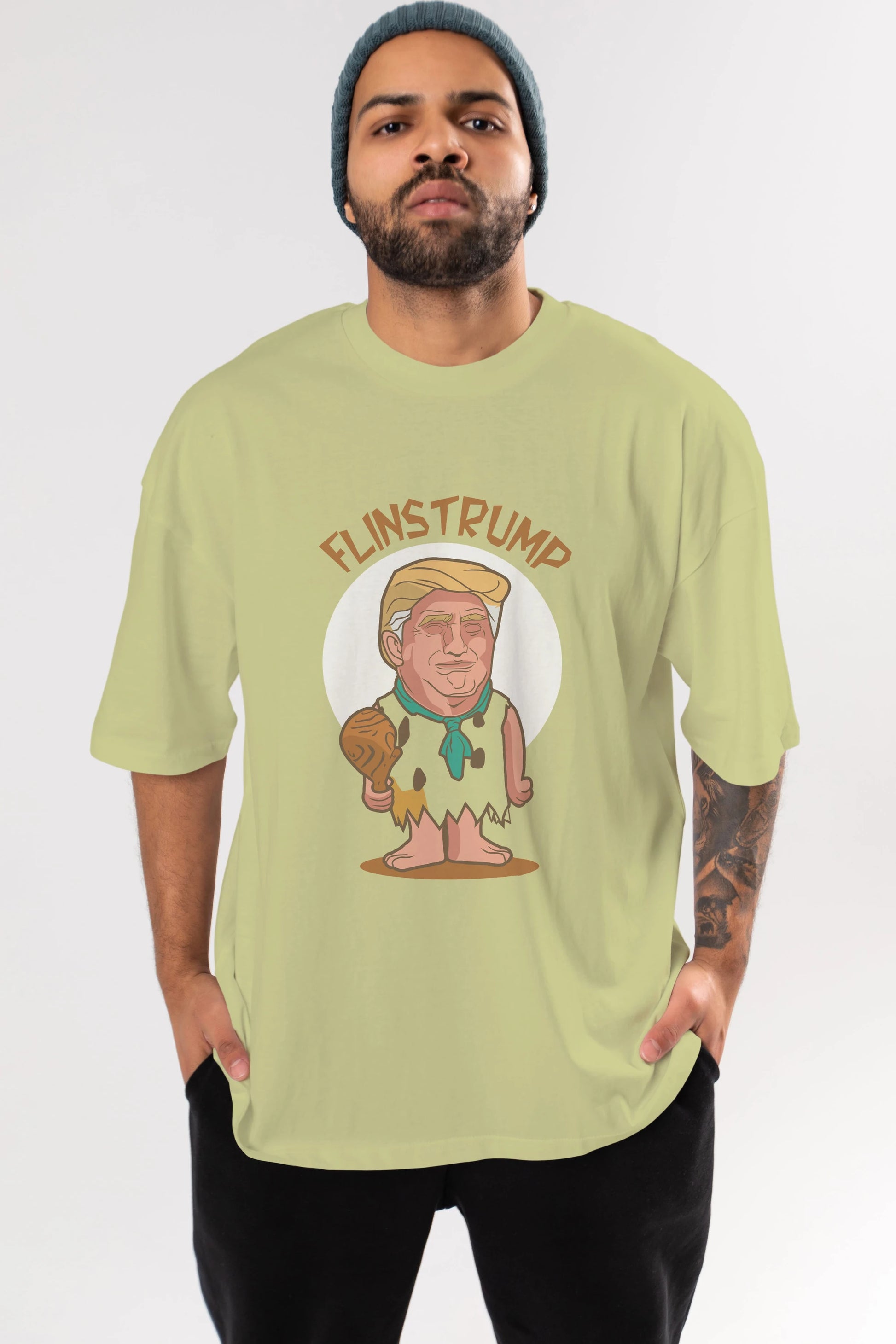 Flinstrump Ön Baskılı Oversize t-shirt Erkek Kadın Unisex %100 Pamuk tişort