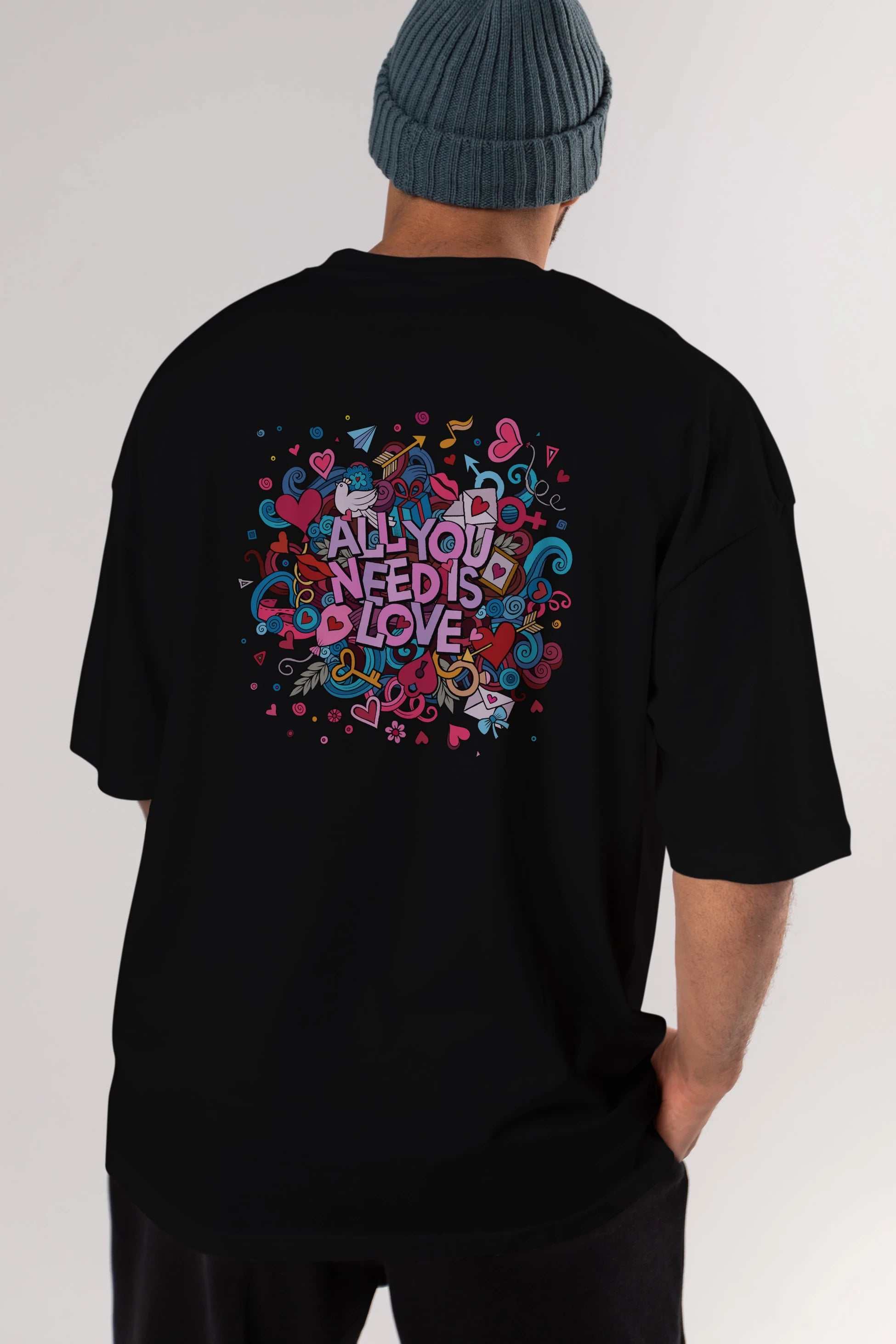 Cute Fun Colorful Heart Art Love Arka Baskılı Oversize t-shirt Erkek Kadın Unisex