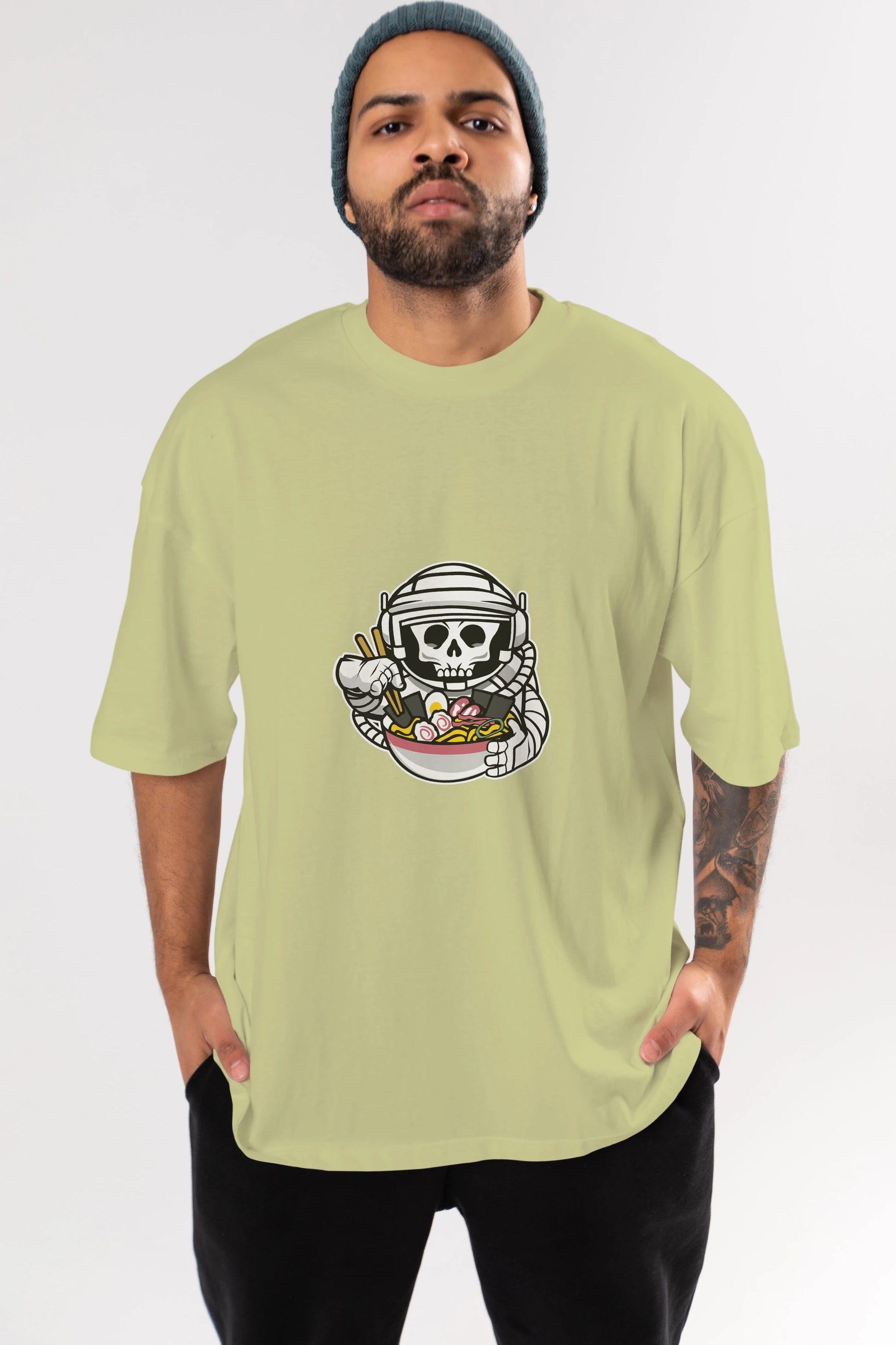 Astronaut Ramen Ön Baskılı Oversize t-shirt Erkek Kadın Unisex %100 Pamuk tişort