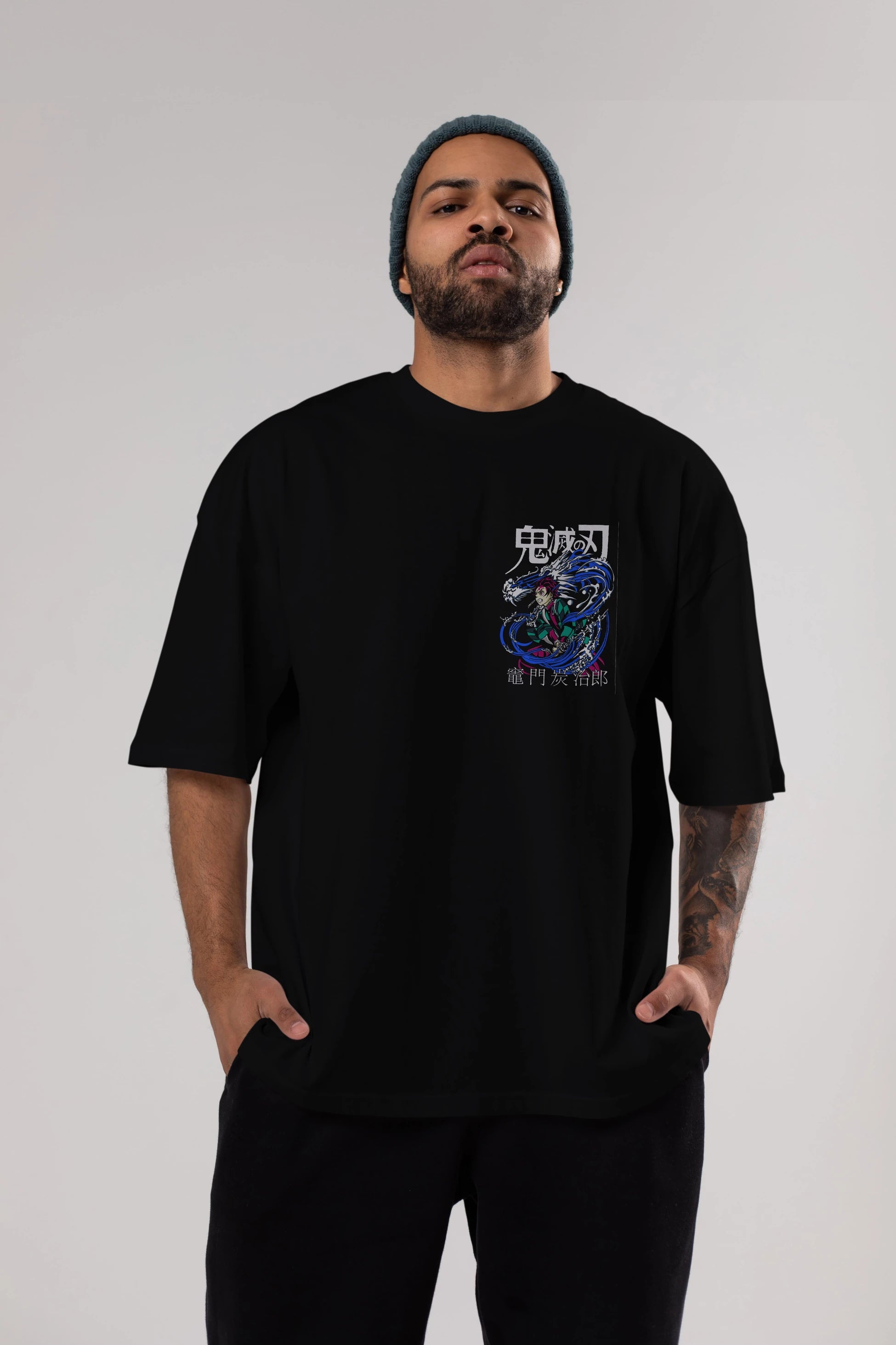 TANJIRO KAMADO 2 Ön Sol Baskılı Oversize t-shirt Erkek Kadın Unisex %100 Pamuk Bisiklet Yaka tişort