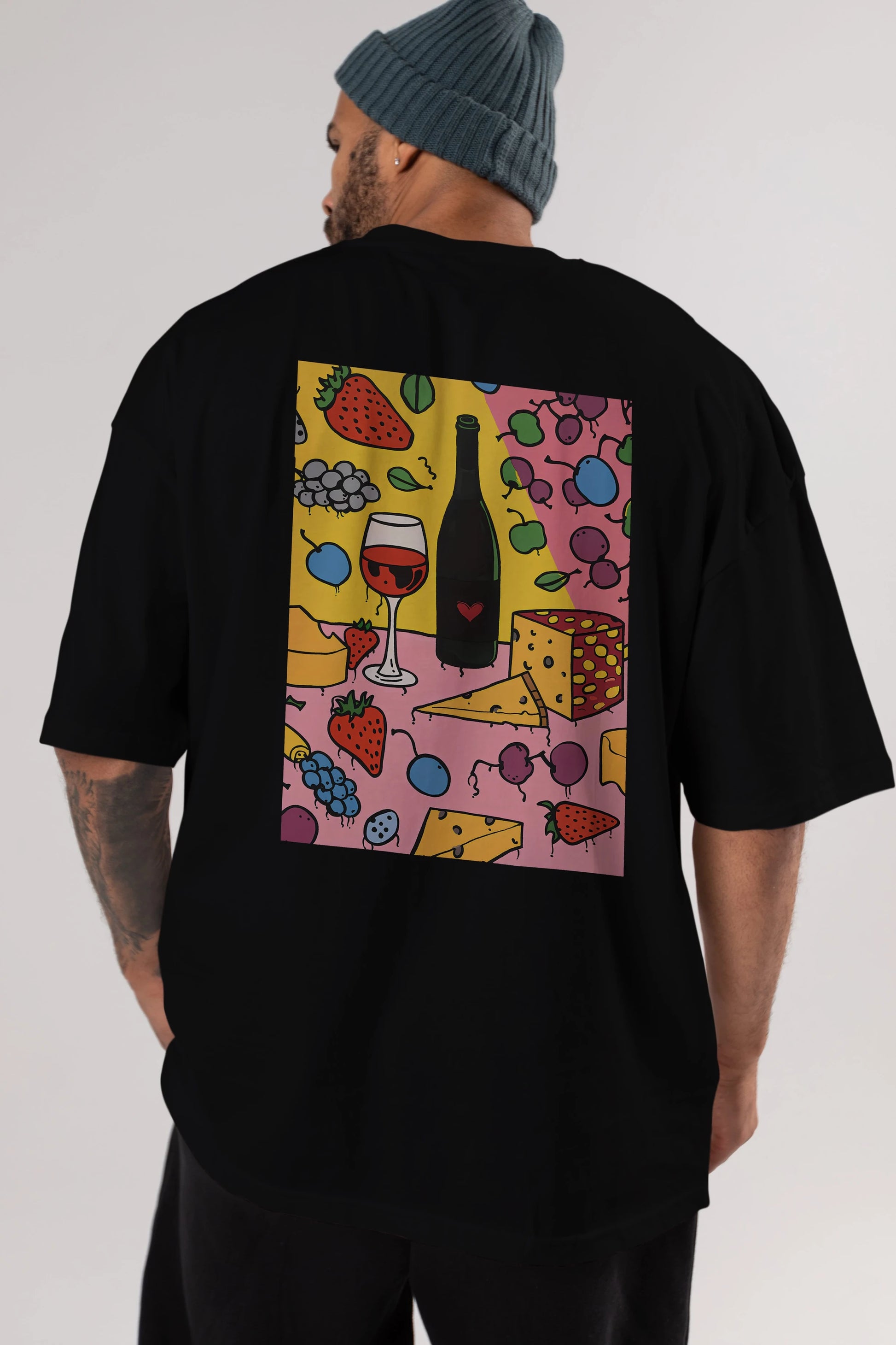 Wine Cheese Fruits Arka Baskılı Oversize t-shirt Erkek Kadın Unisex %100 Pamuk Bisiklet Yaka tişort