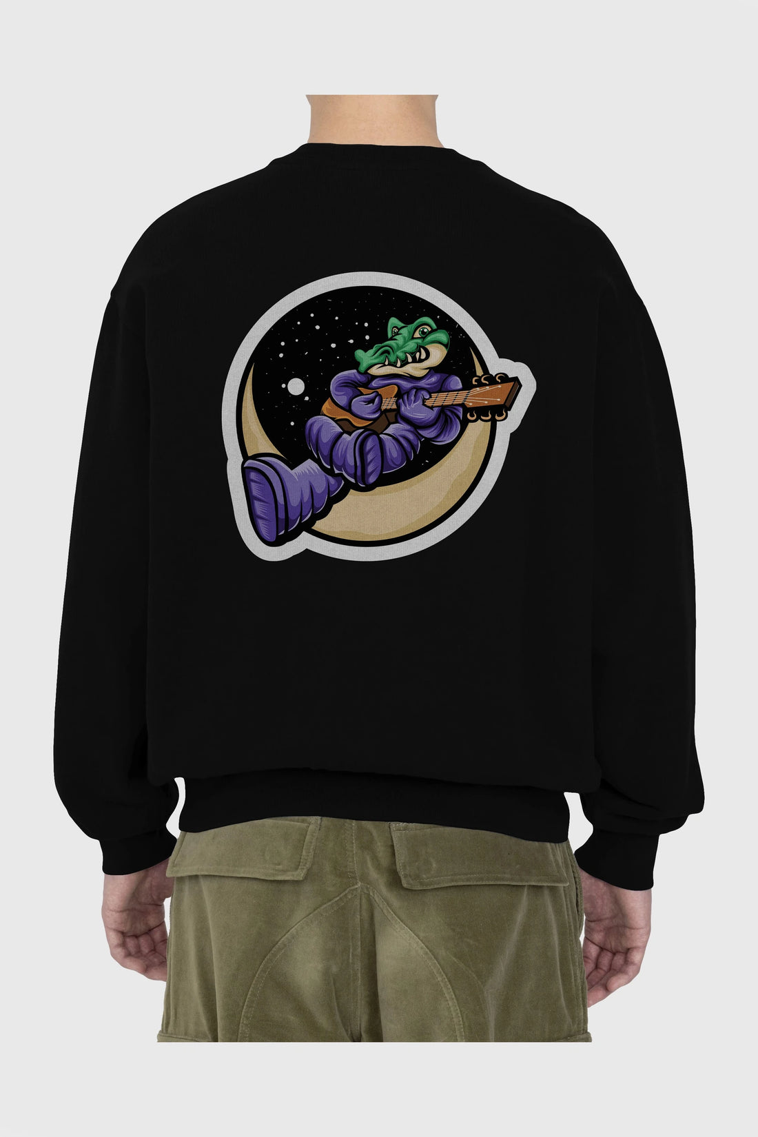 Space Crocodile Sticker Arka Baskılı Oversize Sweatshirt Erkek Kadın Unisex